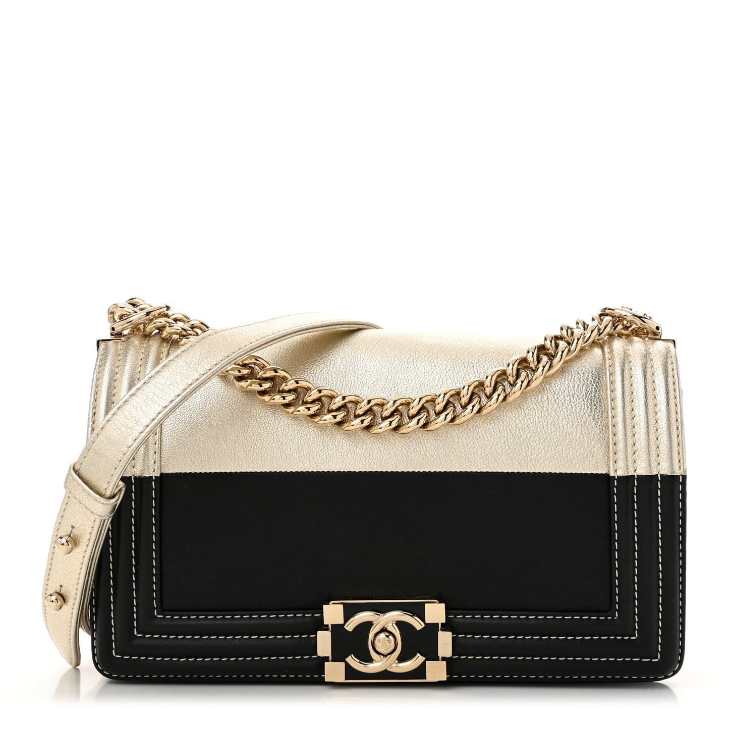 Metallic Goatskin Calfskin Medium Boy Flap Gold Black