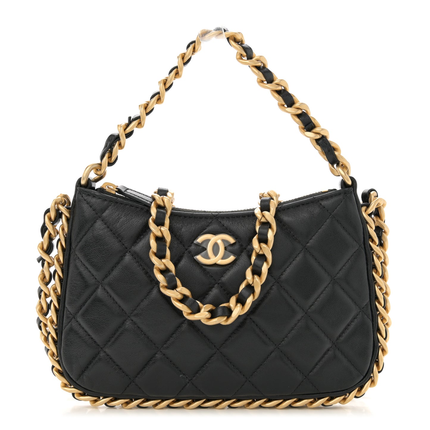 Lambskin Quilted Chain Around Top Handle Mini Bag Black