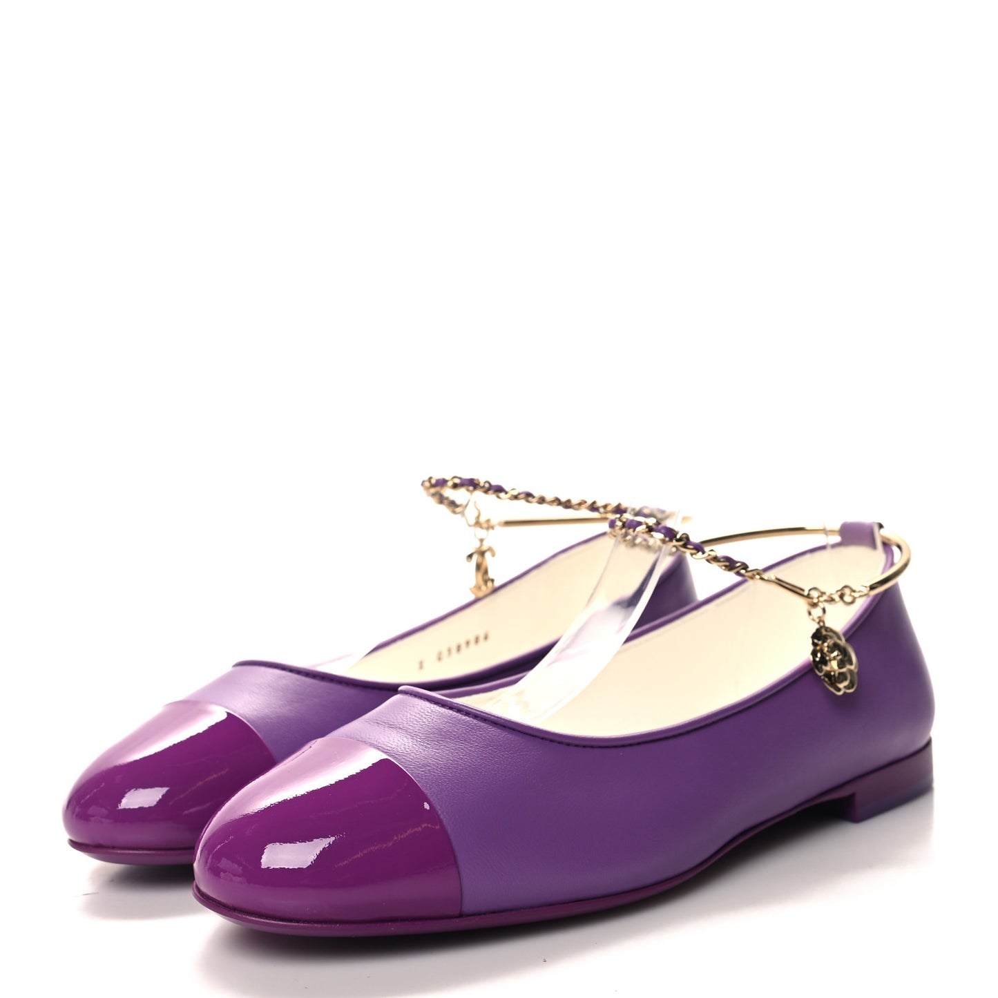 Lambskin Patent Calfskin Cap Toe Ankle Chain Ballerina Flats 38 Purple
