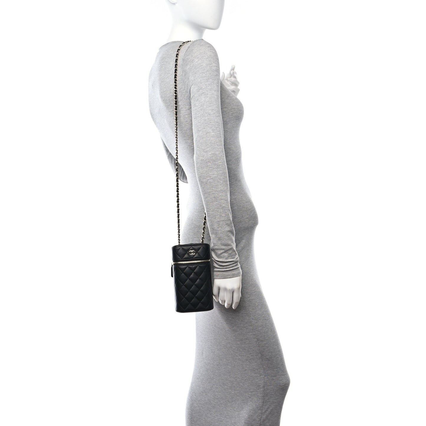 Caviar Quilted Phone Holder With Chain Black