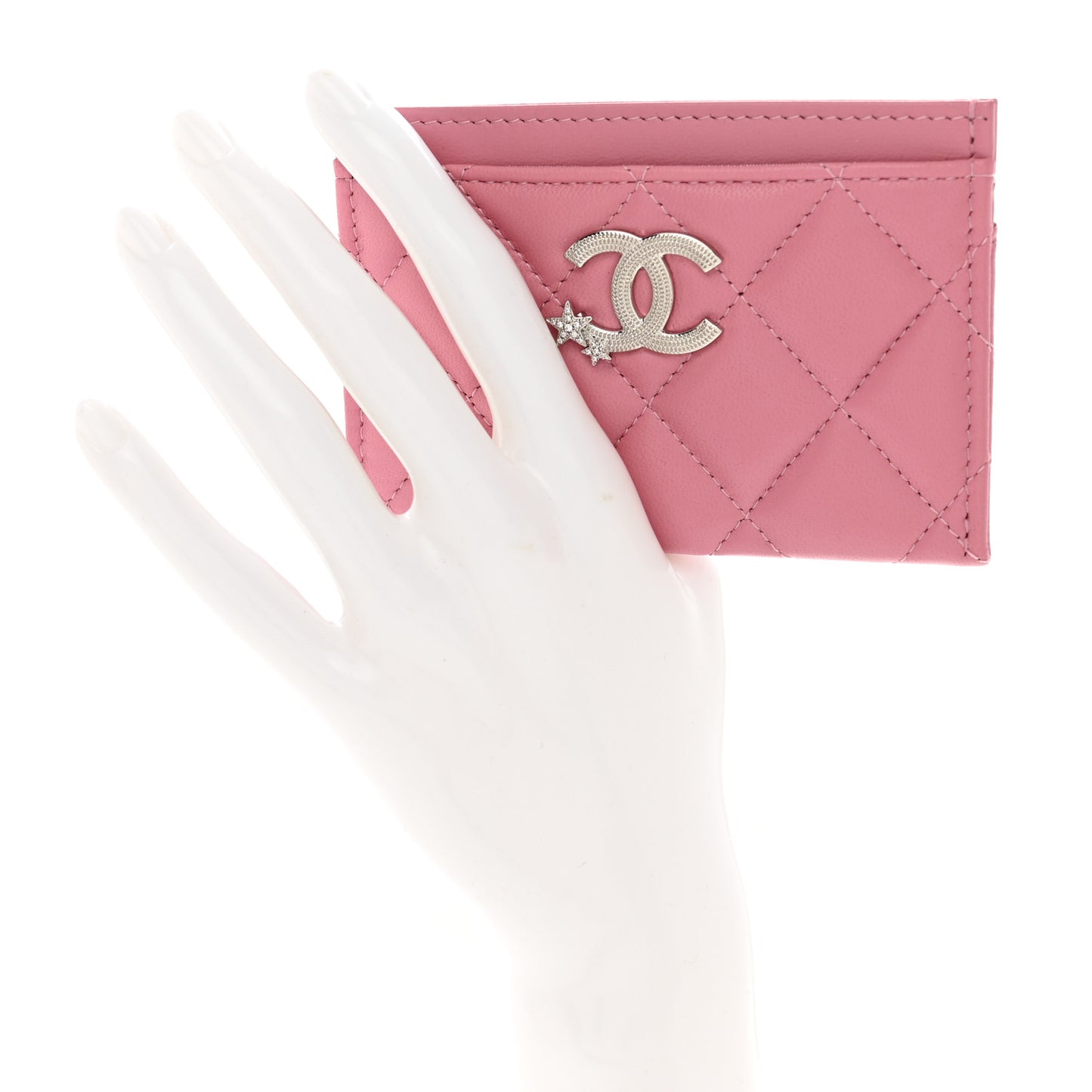 Lambskin Quilted Crystal Star Card Holder Pink