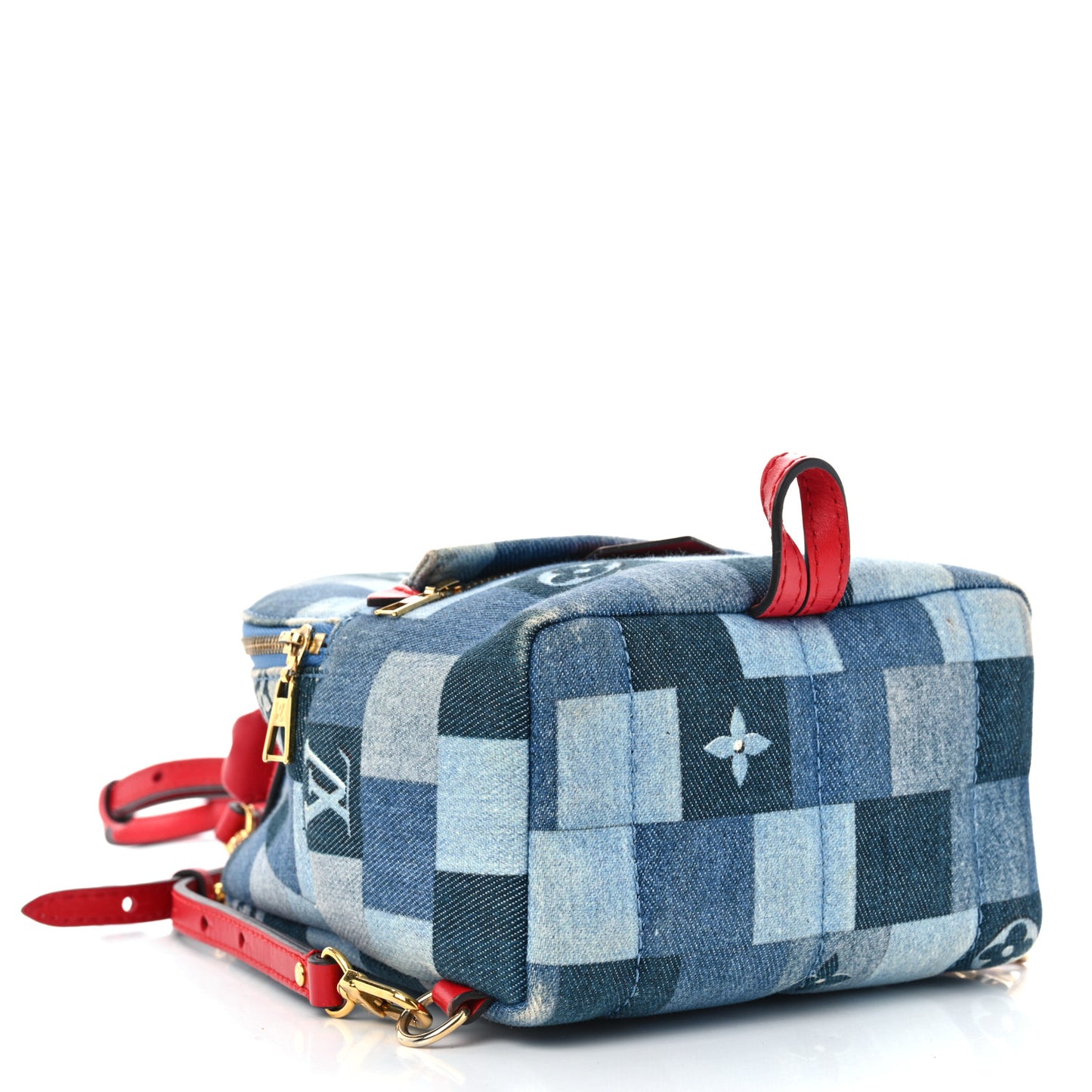 Denim Damier Monogram Patchwork Palm Springs Backpack Mini Blue Rouge