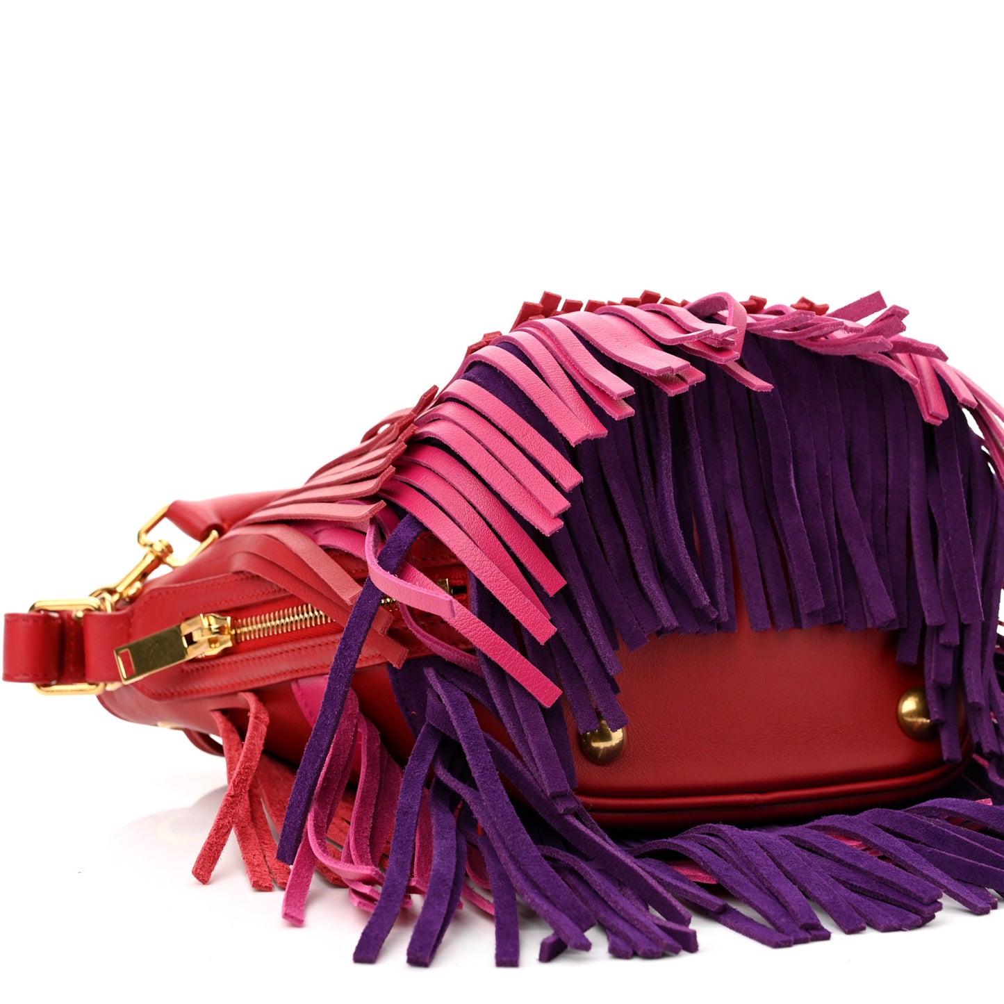 Calfskin Tri-Color Small Emmanuelle Fringe Bucket Bag Red Bubblegum Purple