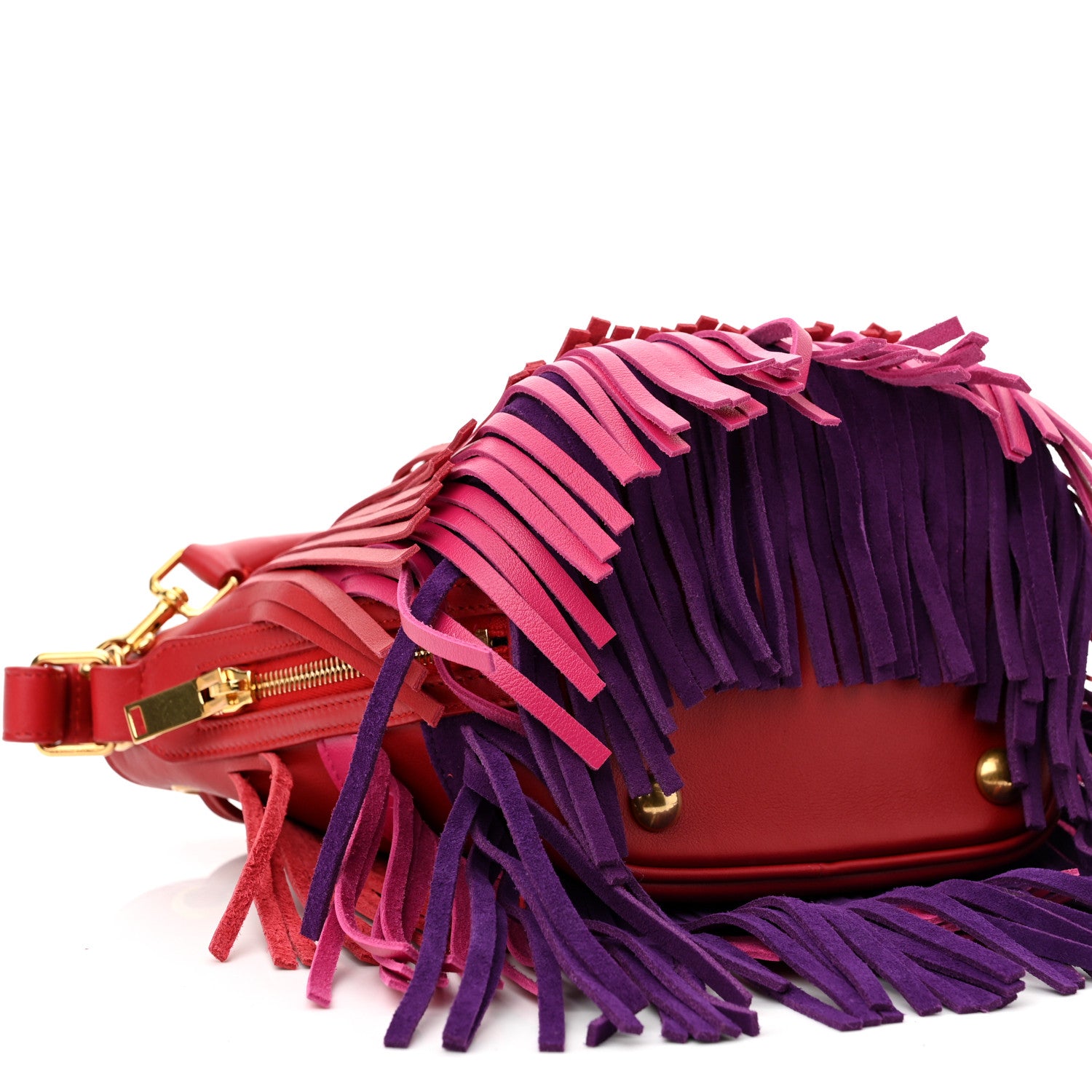 Saint Laurent Calfskin Tri-Color Small Emmanuelle Fringe Bucket Bag Red Bubblegum Purple 8 of 9
