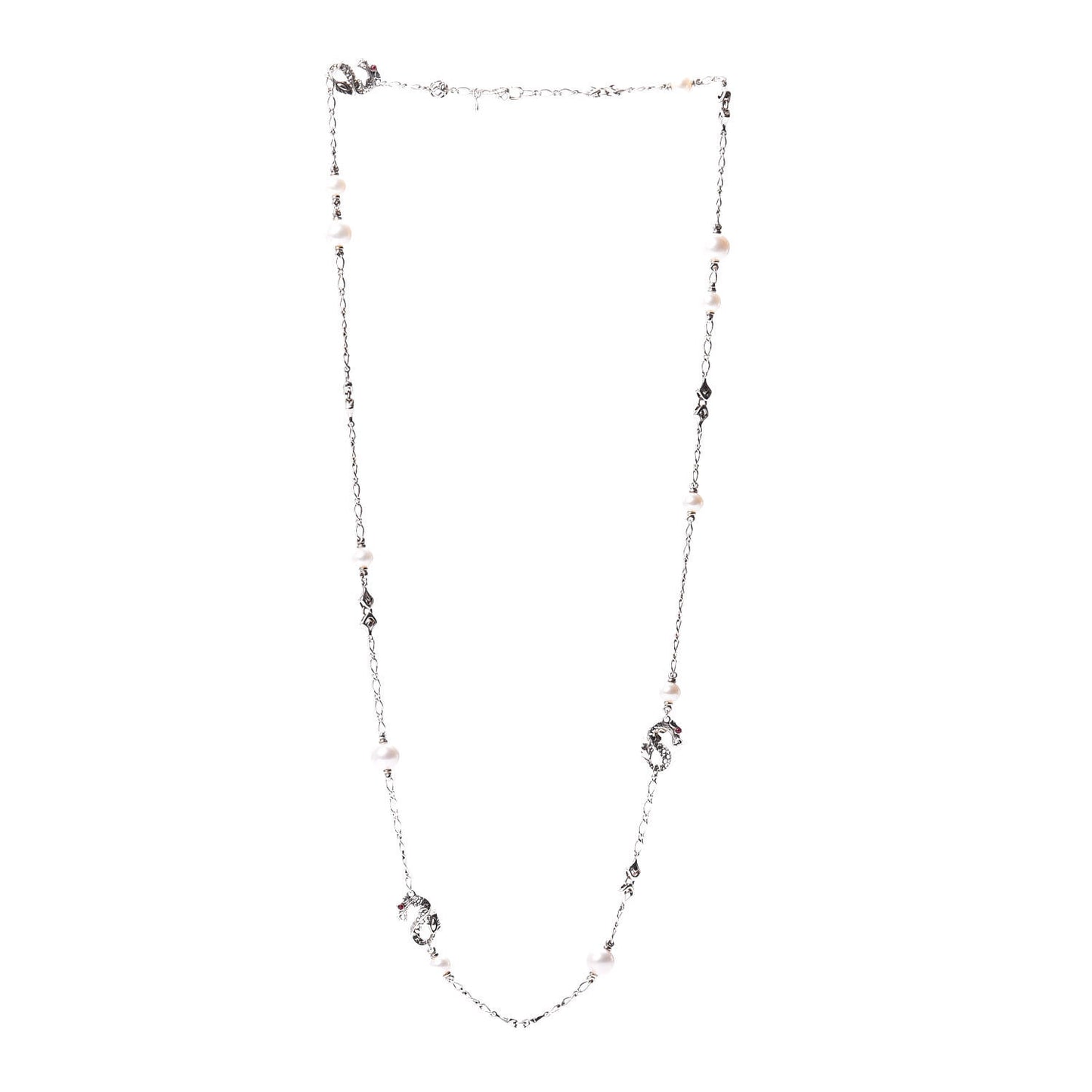 Sterling Silver Pearl Ruby Naga Dragon Sautoir Necklace