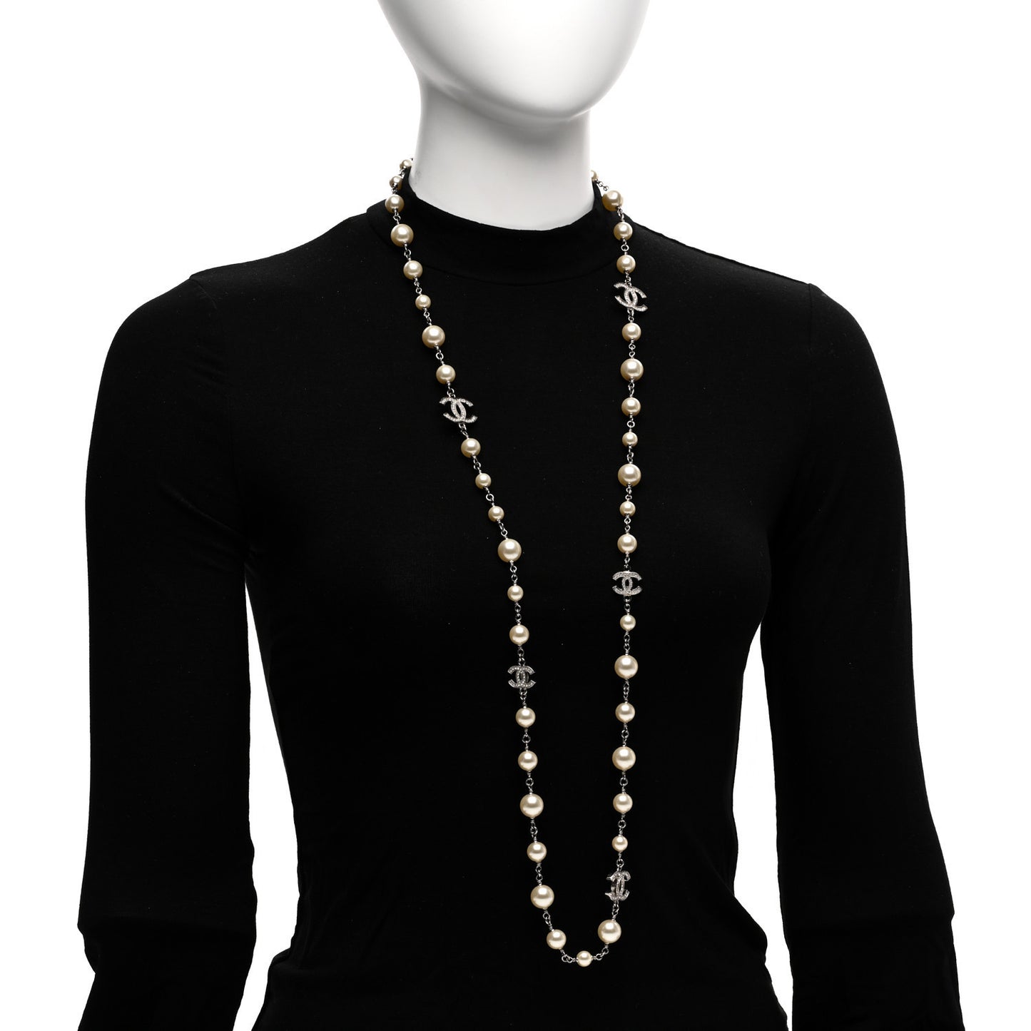 Graduated Pearl Crystal CC Long Necklace Silver