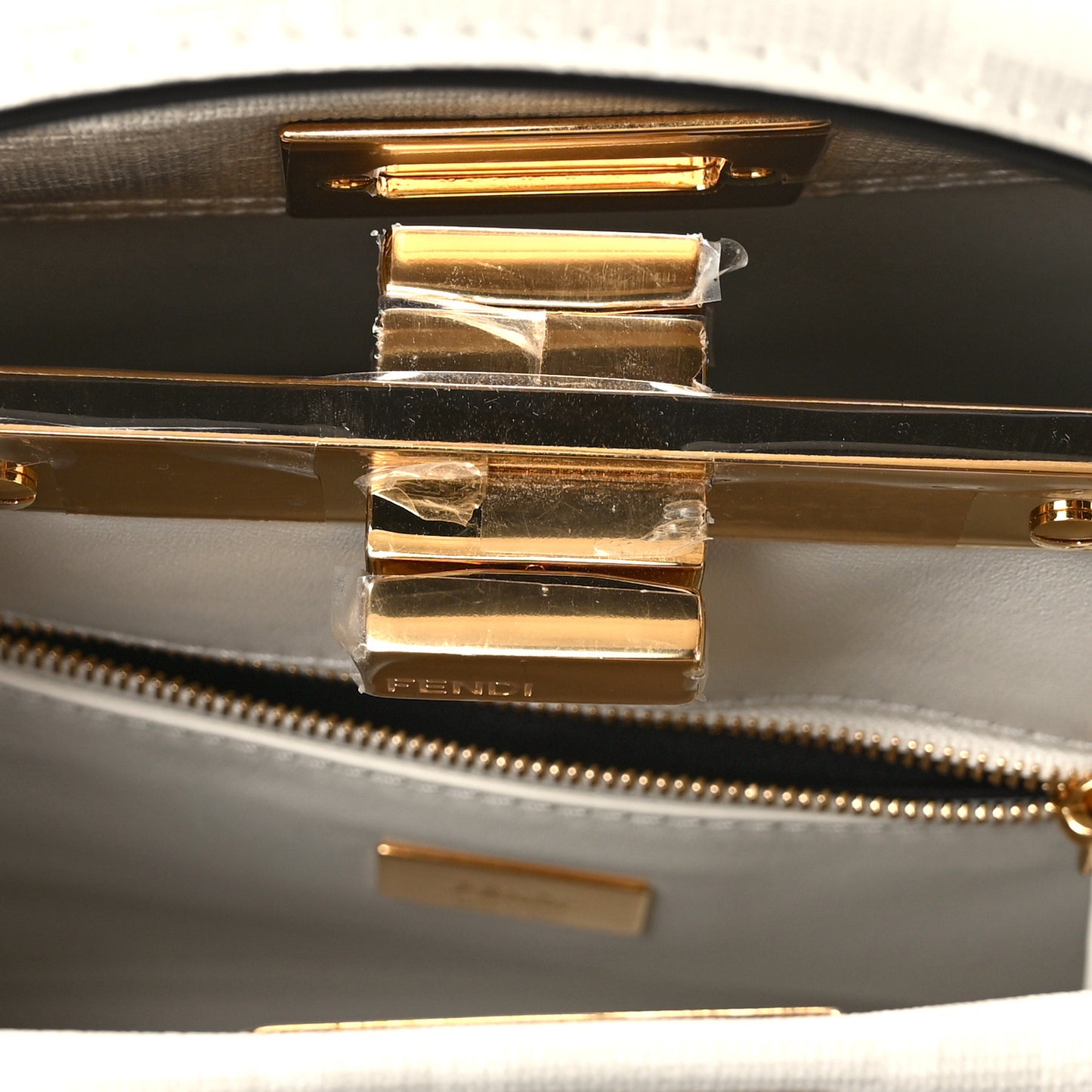 Glazed Fabric Nappa FF Disco Girls Inlay Mini Peekaboo Iconic Satchel Bianco Perla Multicolor