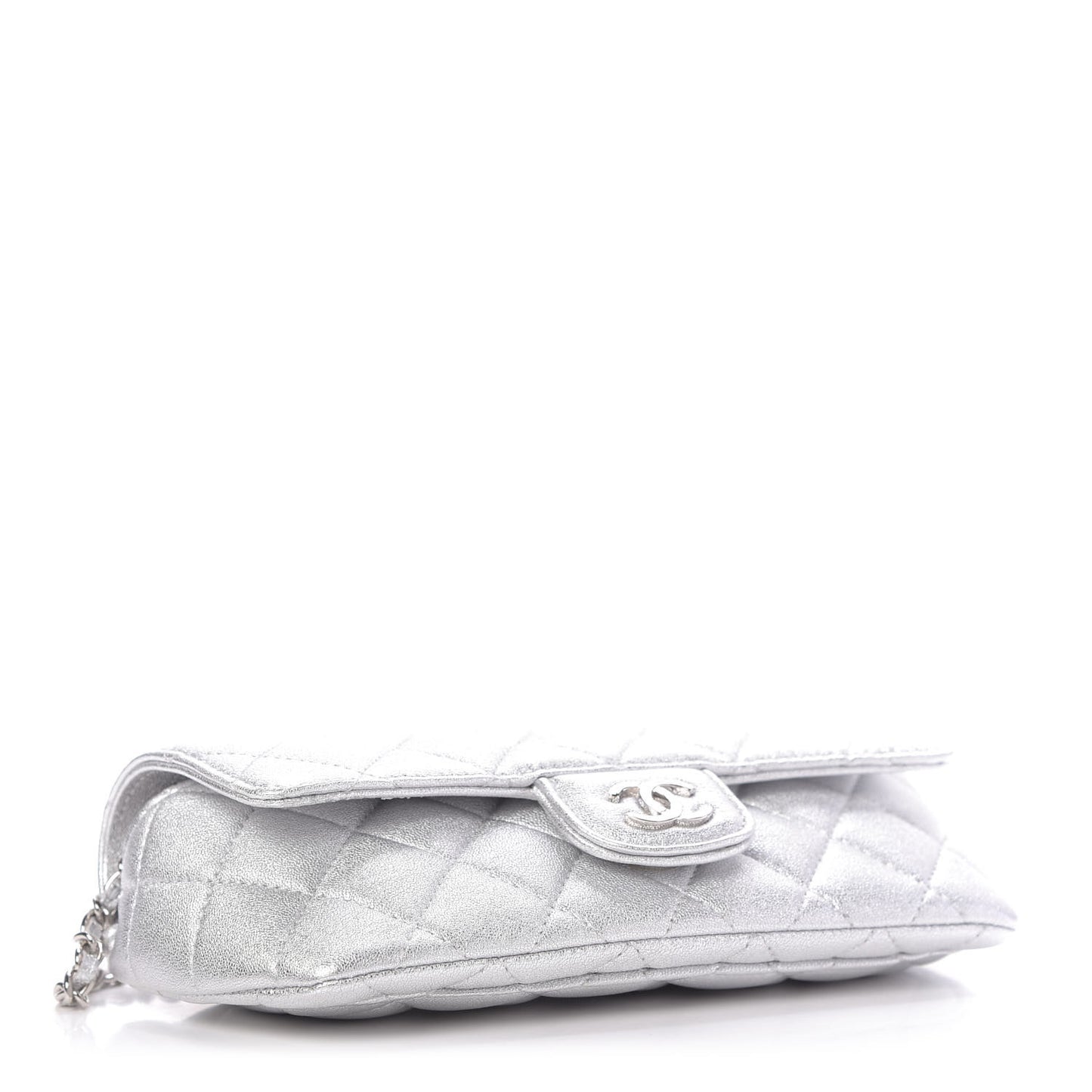Metallic Lambskin Quilted Glasses Case With Chain Silver