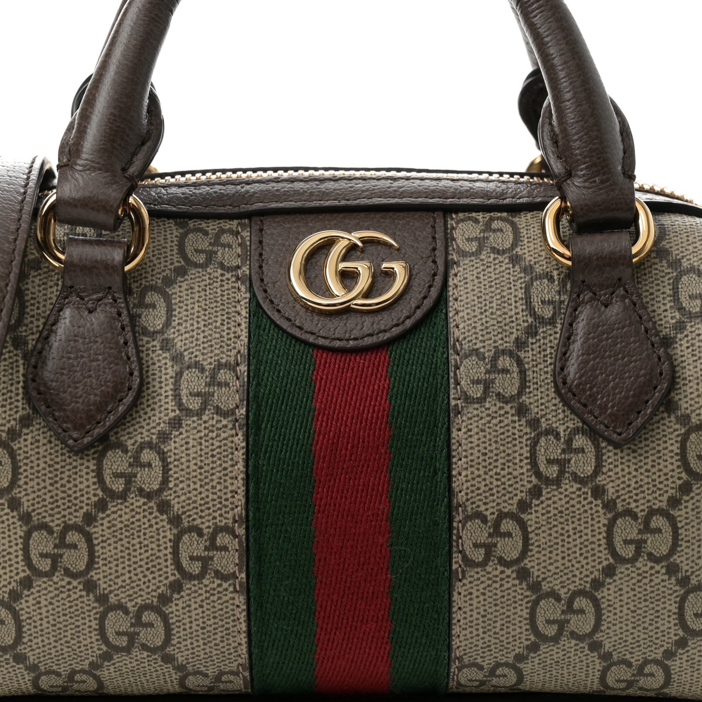 GG Supreme Monogram Textured Dollar Calfskin Web Super Mini Ophidia Top Handle Bowler Bag Beige Ebony New Acero
