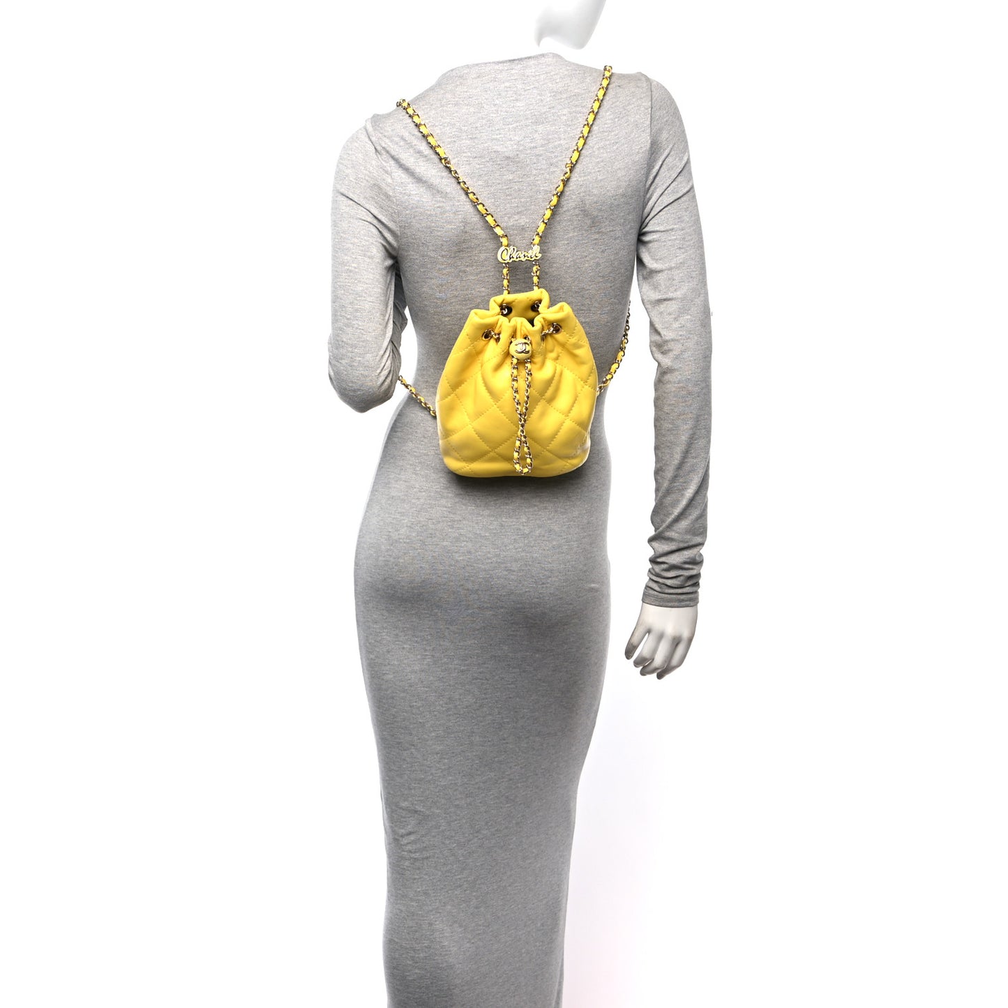 Shiny Lambskin Quilted Drawstring Backpack Yellow