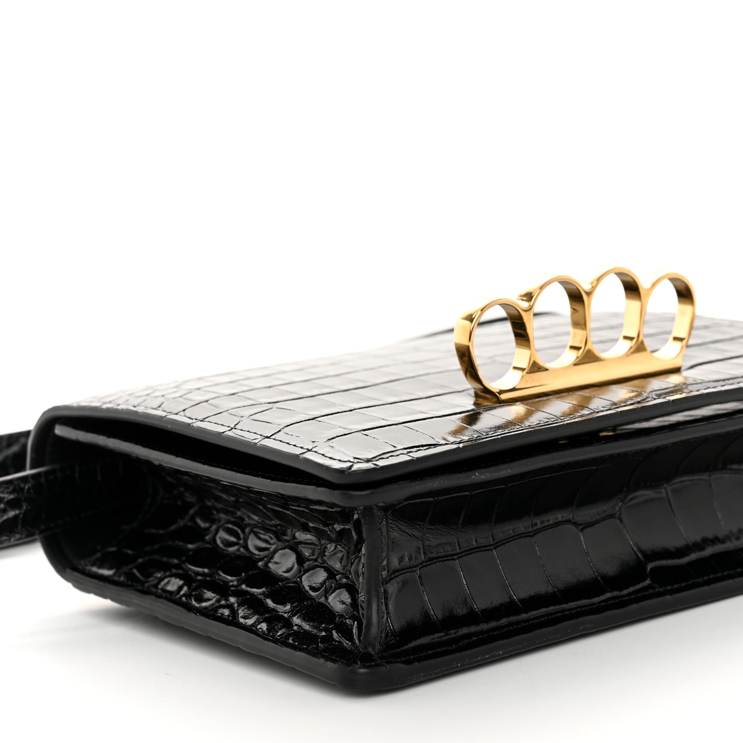ALEXANDER MCQUEEN Calfskin Crocodile Embossed Four Ring Knuckle Crossbody Bag Black
