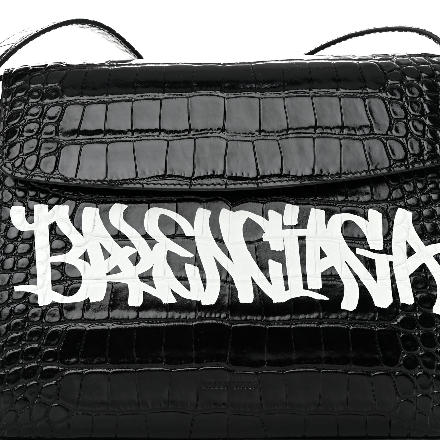 Shiny Calfskin Graffiti Logo Crocodile Embossed Medium Ghost Shoulder Bag Black White