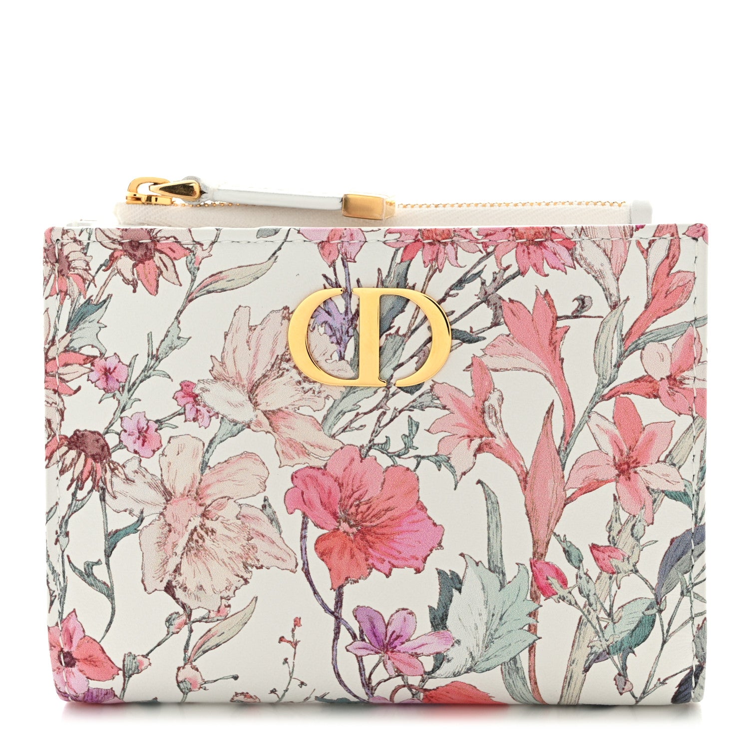 Christian Dior Calfskin Floral Printed Dahlia Wallet White