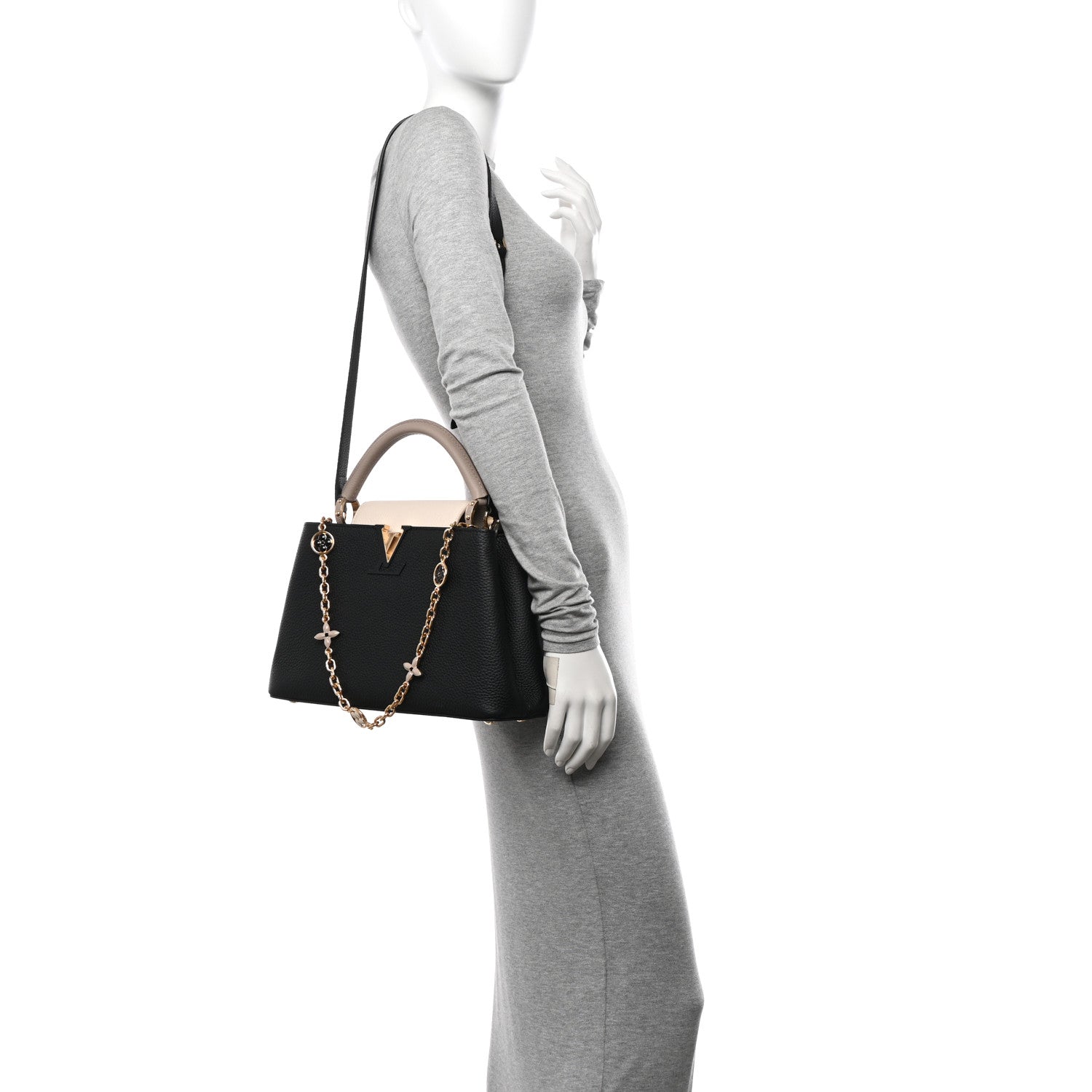 Louis Vuitton Taurillon Flower Chain Capucines MM Black Galet Gray Pearly Cream 3 of 11