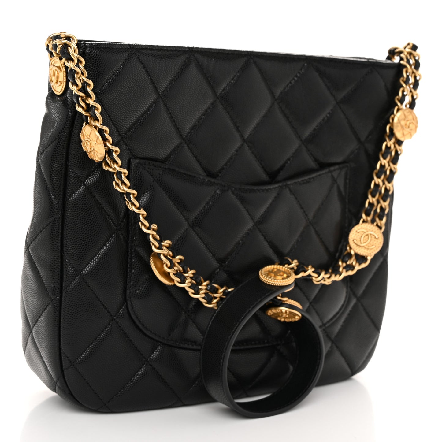 Shiny Caviar Quilted Twist Your Buttons Hobo Black