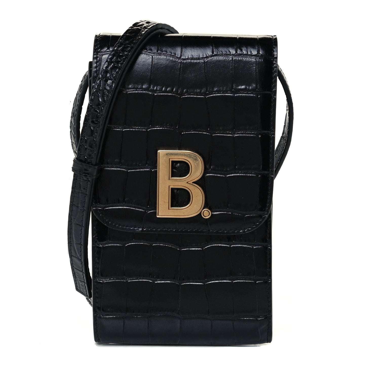 Shiny Calfskin Crocodile Embossed B Phone Holder Black