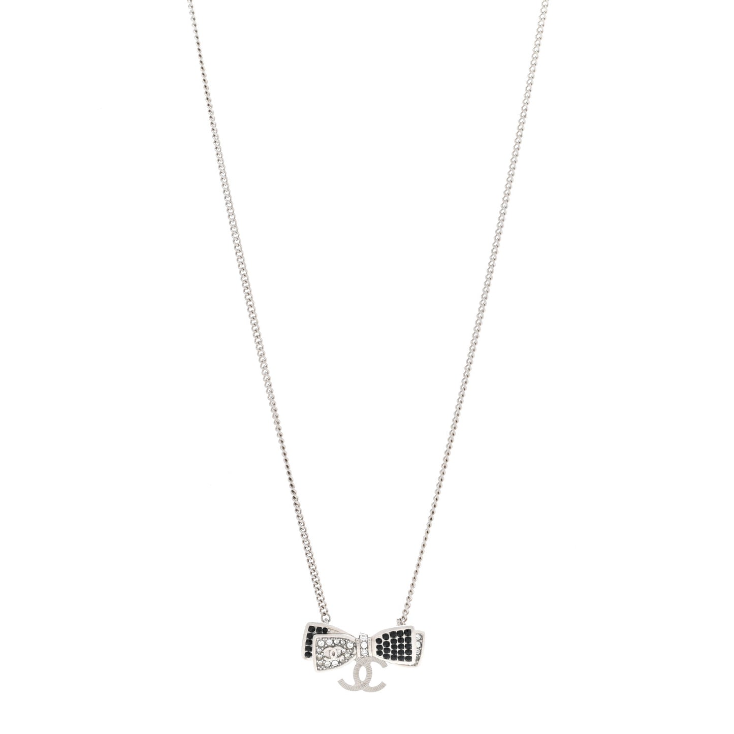 Crystal CC Bow Necklace Silver Black