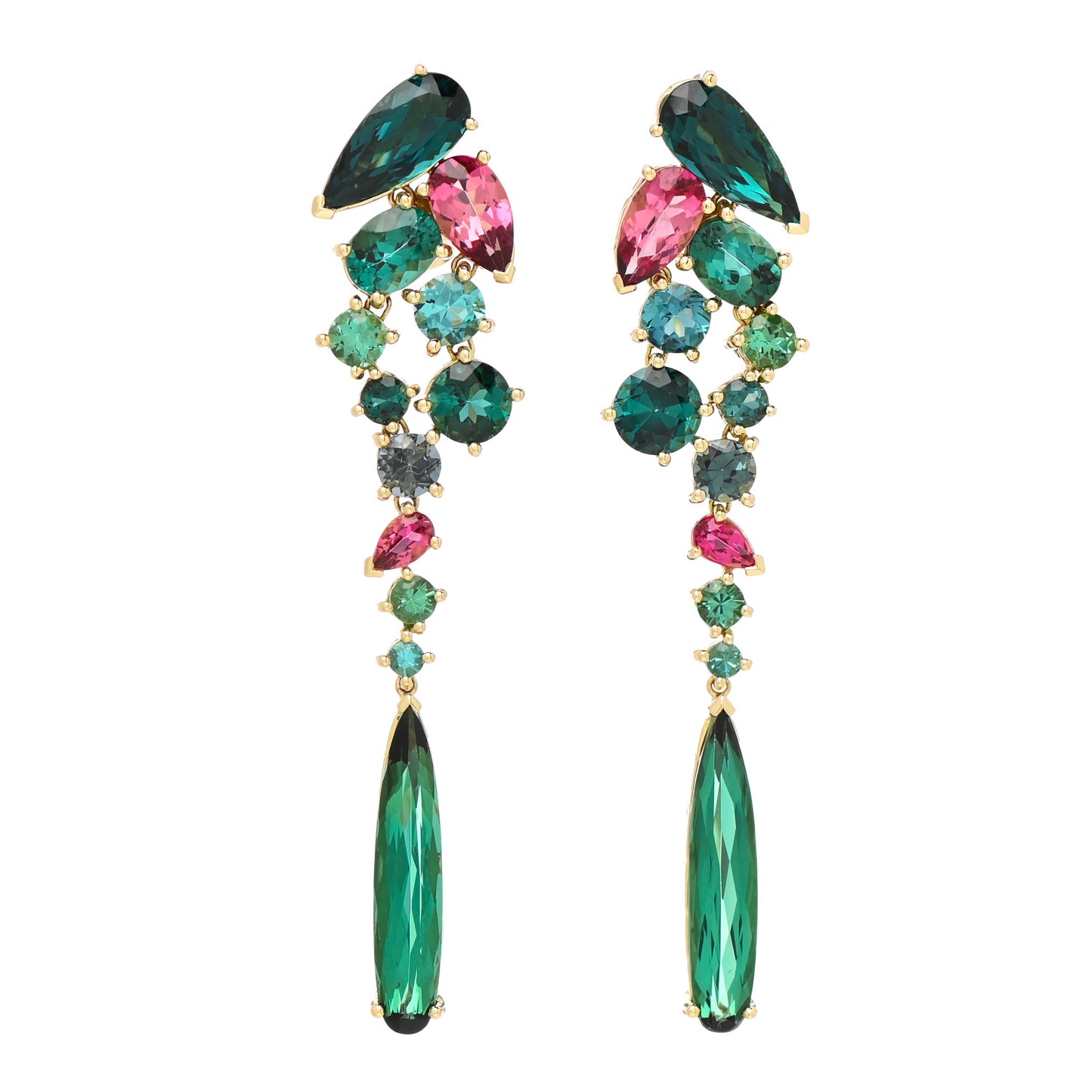 18K Yellow Gold Pink Green Tourmaline Cinta Drop Earrings