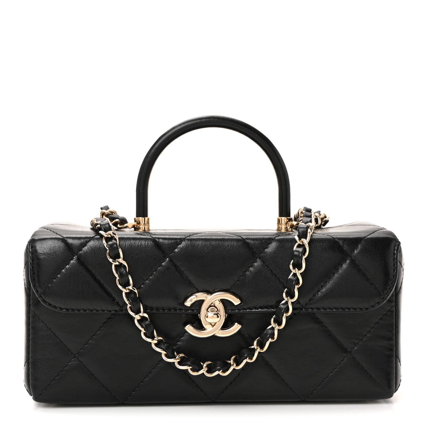 Chanel Shiny Calfskin Quilted Top Handle Box Bag Black 1818619