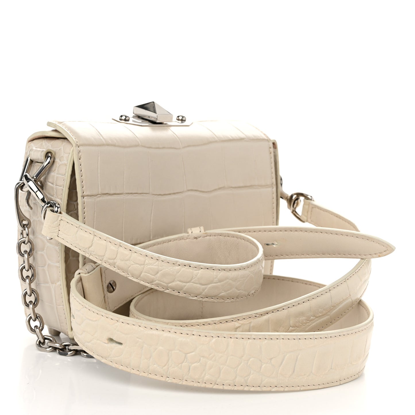 Calfskin Crocodile Embossed Box Shoulder Bag 16 White Bone