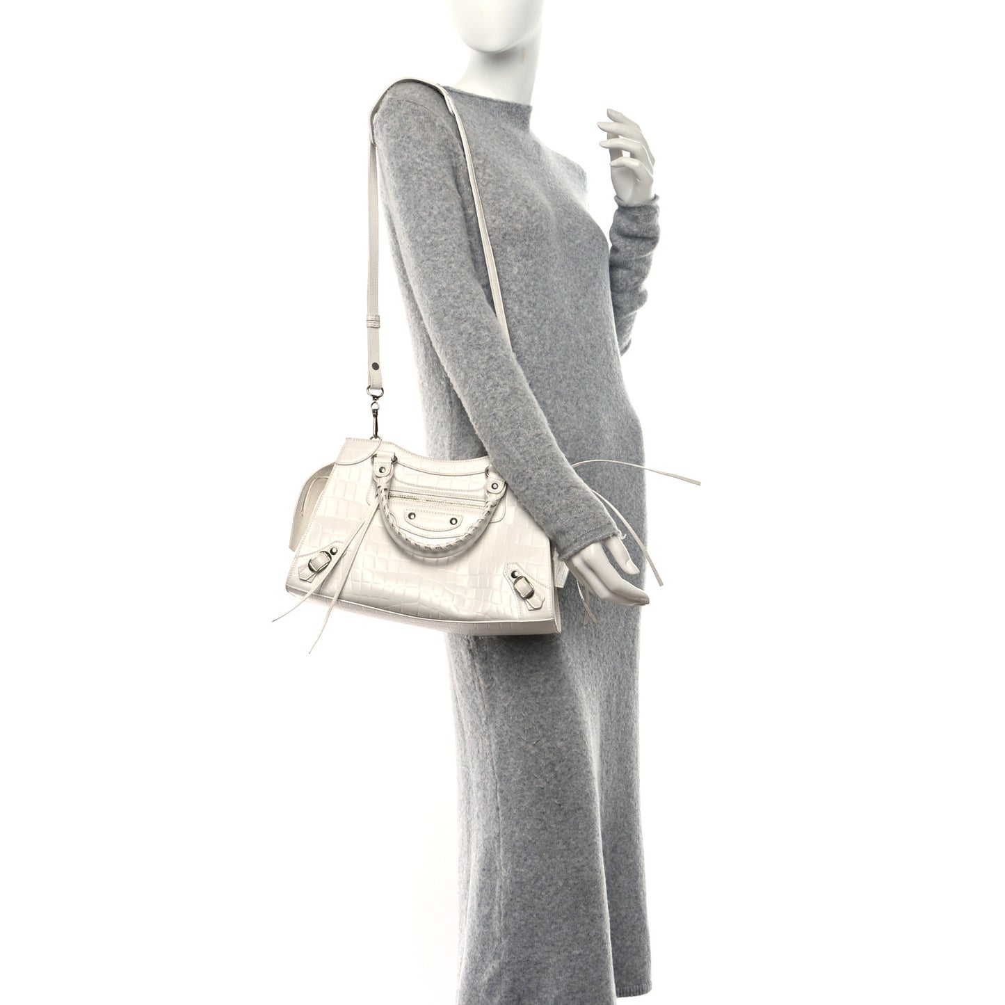 Semi Shiny Calfskin Crocodile Embossed Neo Classic Silver Hardware S City White