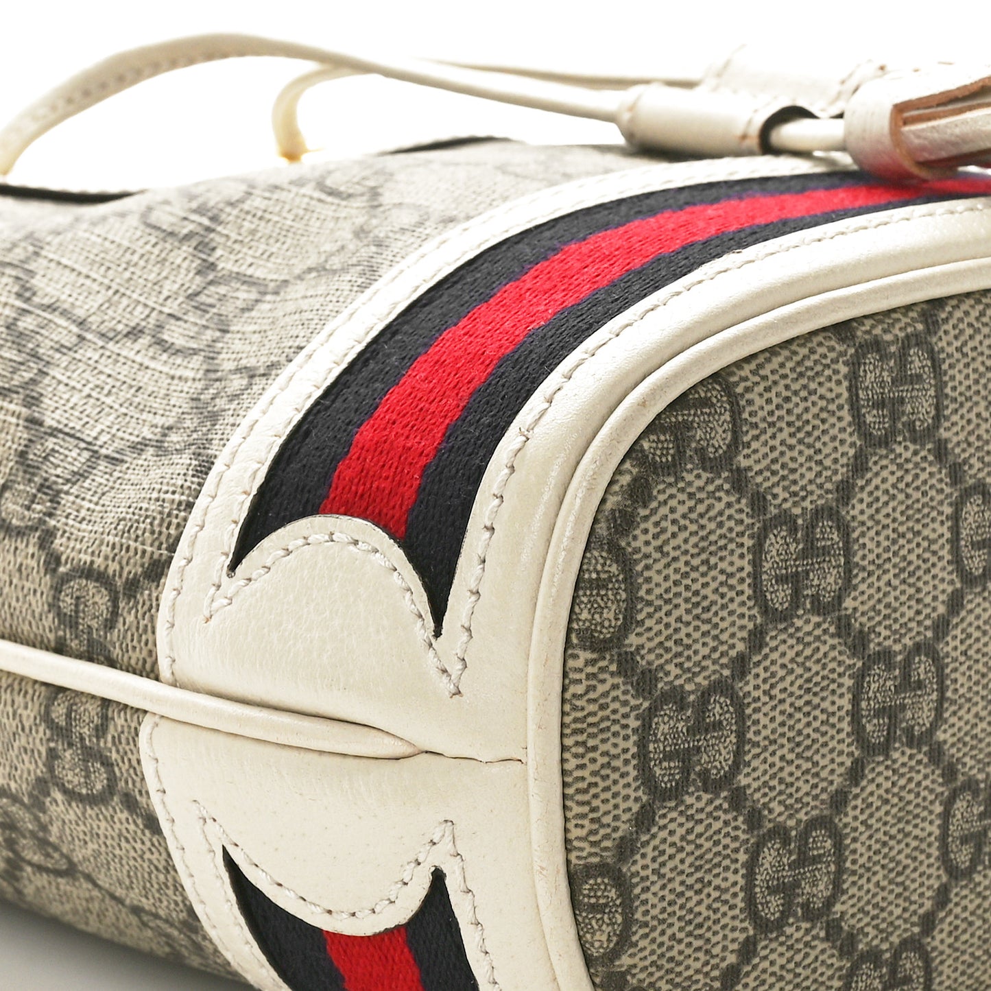 GG Supreme Monogram Textured Calfskin Web Mini Ophidia Bucket Bag Beige Ebony Mystic White