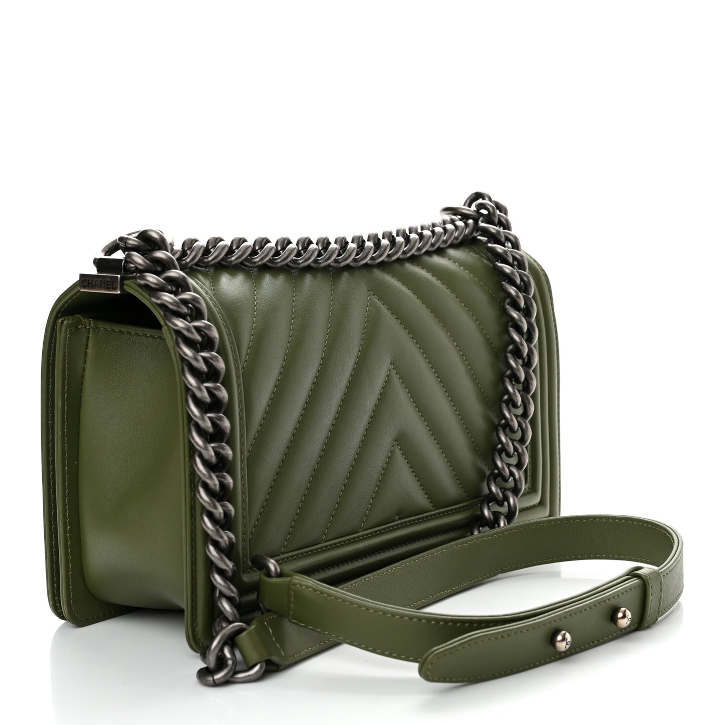 Calfskin Chevron Quilted Medium Boy Flap Dark Green