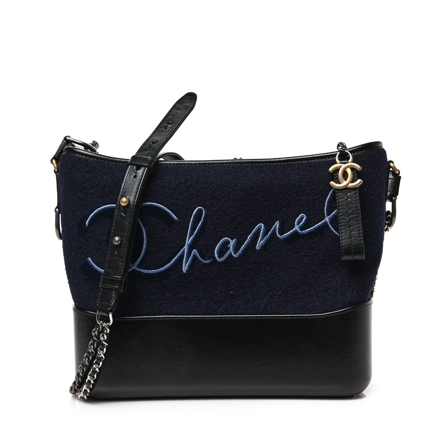 Calfskin Wool Embroidered Paris Hamburg Medium Gabrielle Hobo Dark Navy Blue