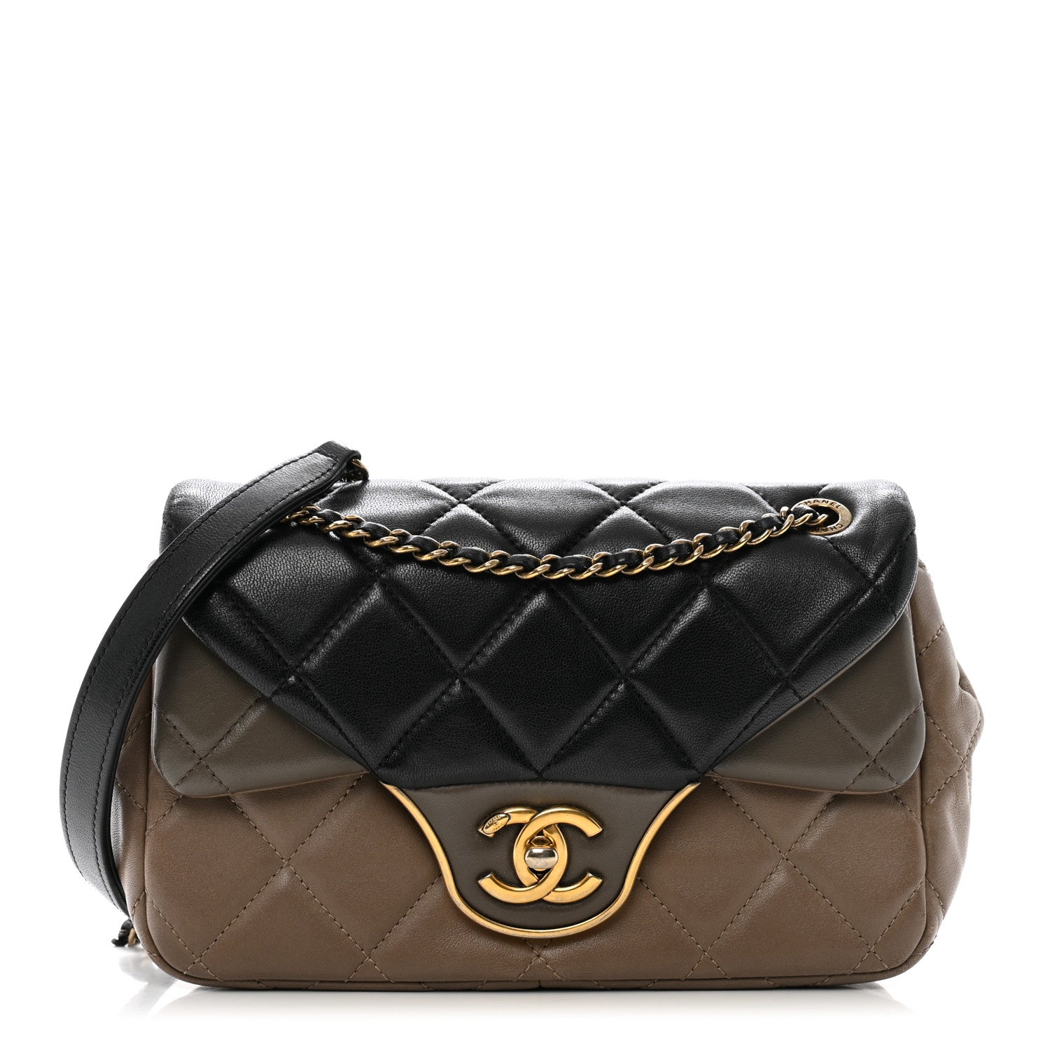 CHANEL フラワー　ブラウン、ブラック Chanel Lambskin Quilted Tri-Color Small Double Flap Black Taupe