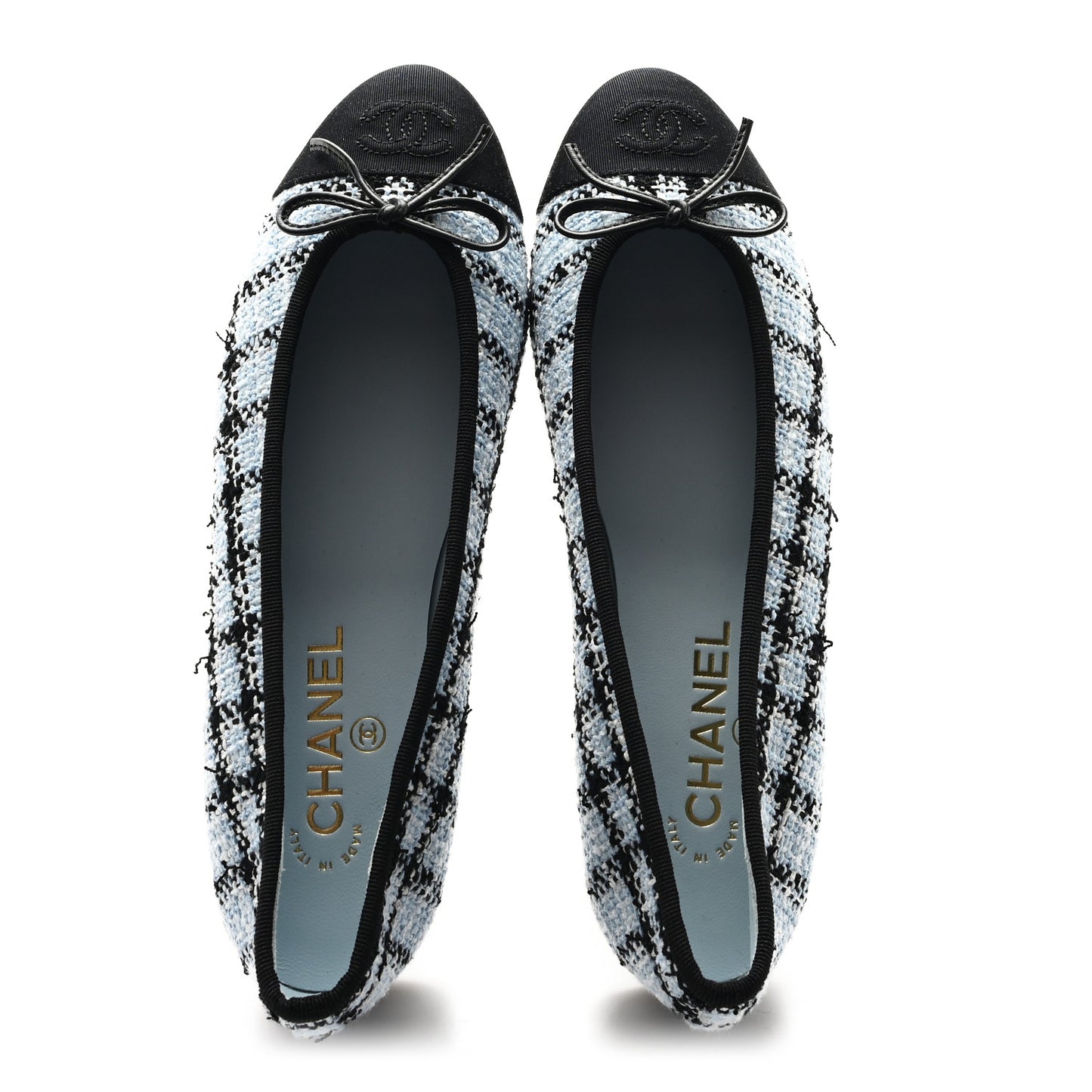 Tweed Grosgrain Cap Toe Ballerina Flats 39.5 Light Blue Black