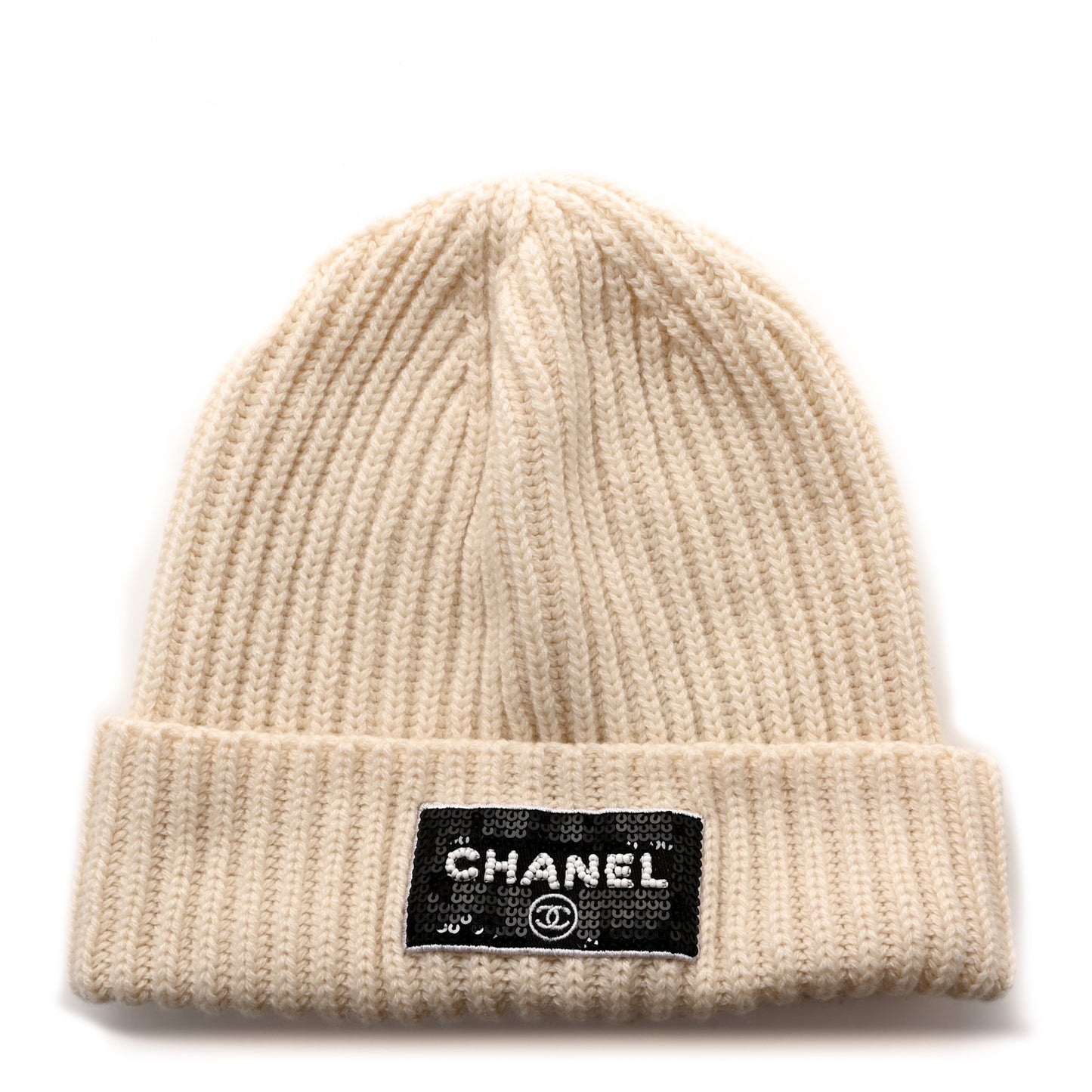 Cashmere Beaded Sequin Logo Beanie Hat Ivory Black