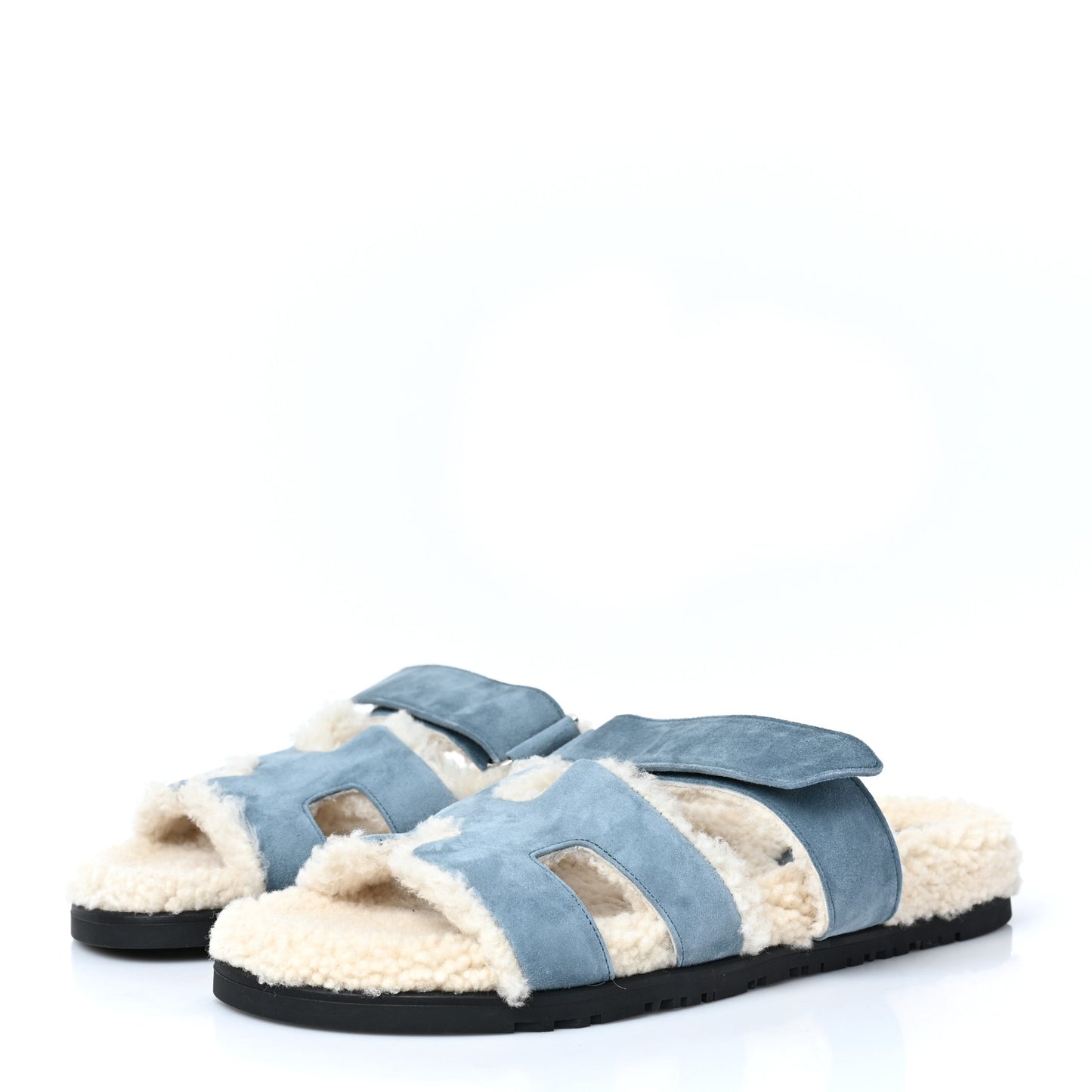 Suede Goatskin Woolskin Womens Chypre Sandals 39.5 Bleu Pinede Ecru