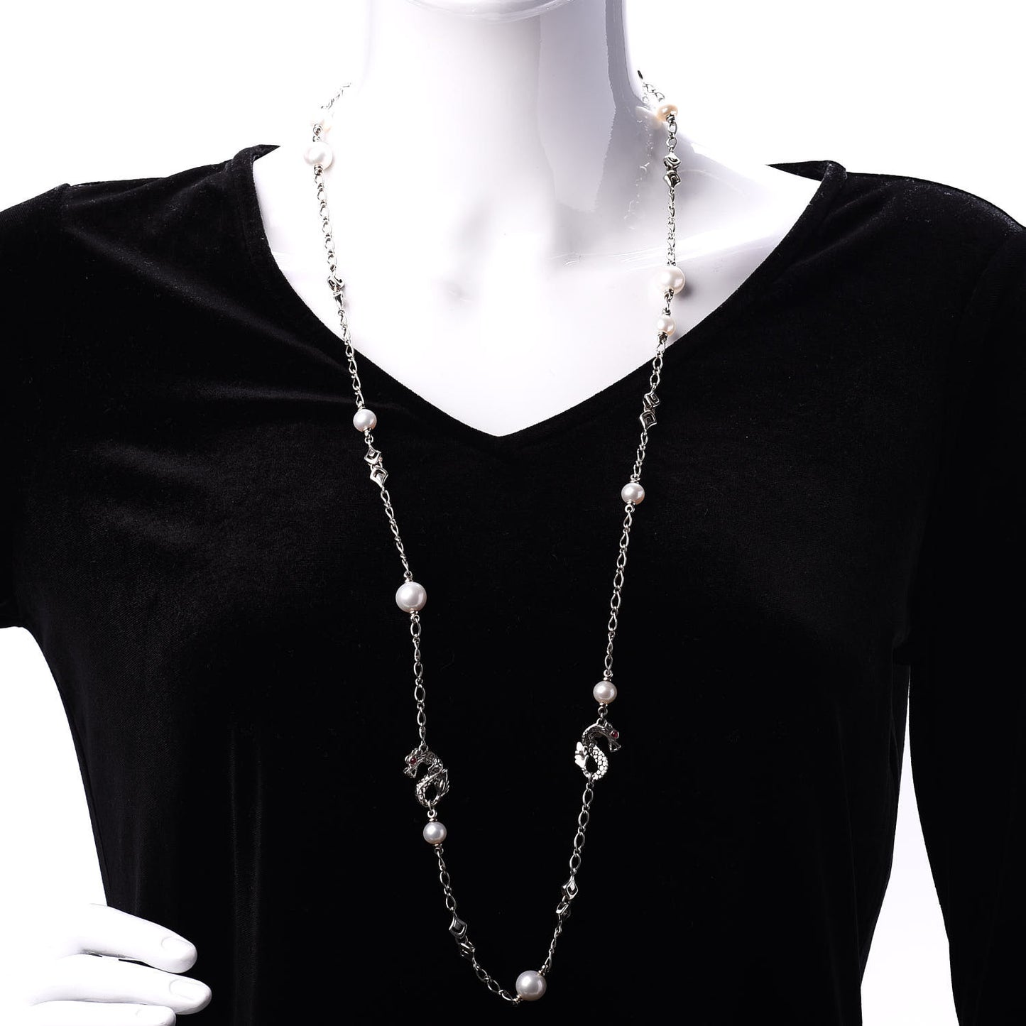 Sterling Silver Pearl Ruby Naga Dragon Sautoir Necklace