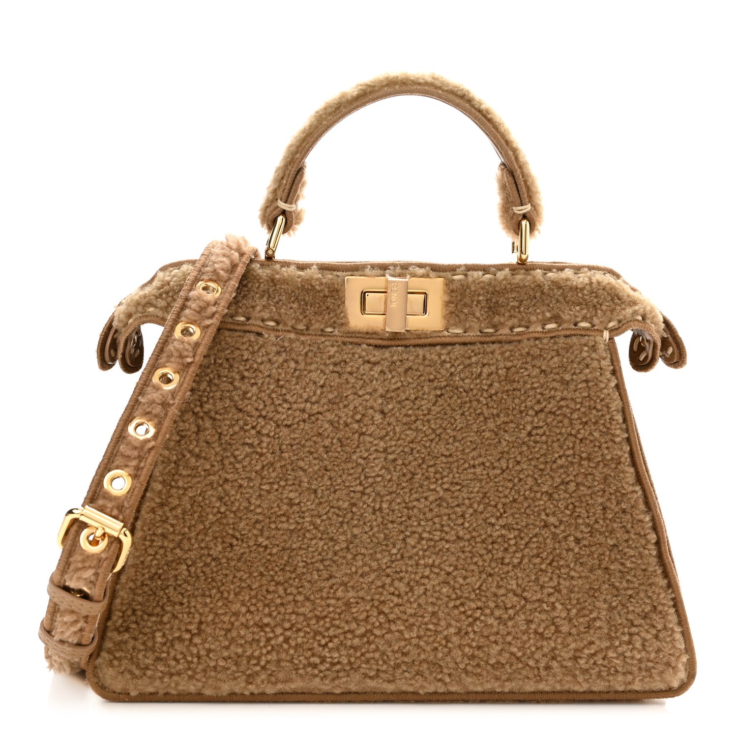 Curly Shearling Shiny Nappa Small Peekaboo I SEE U Satchel Camel