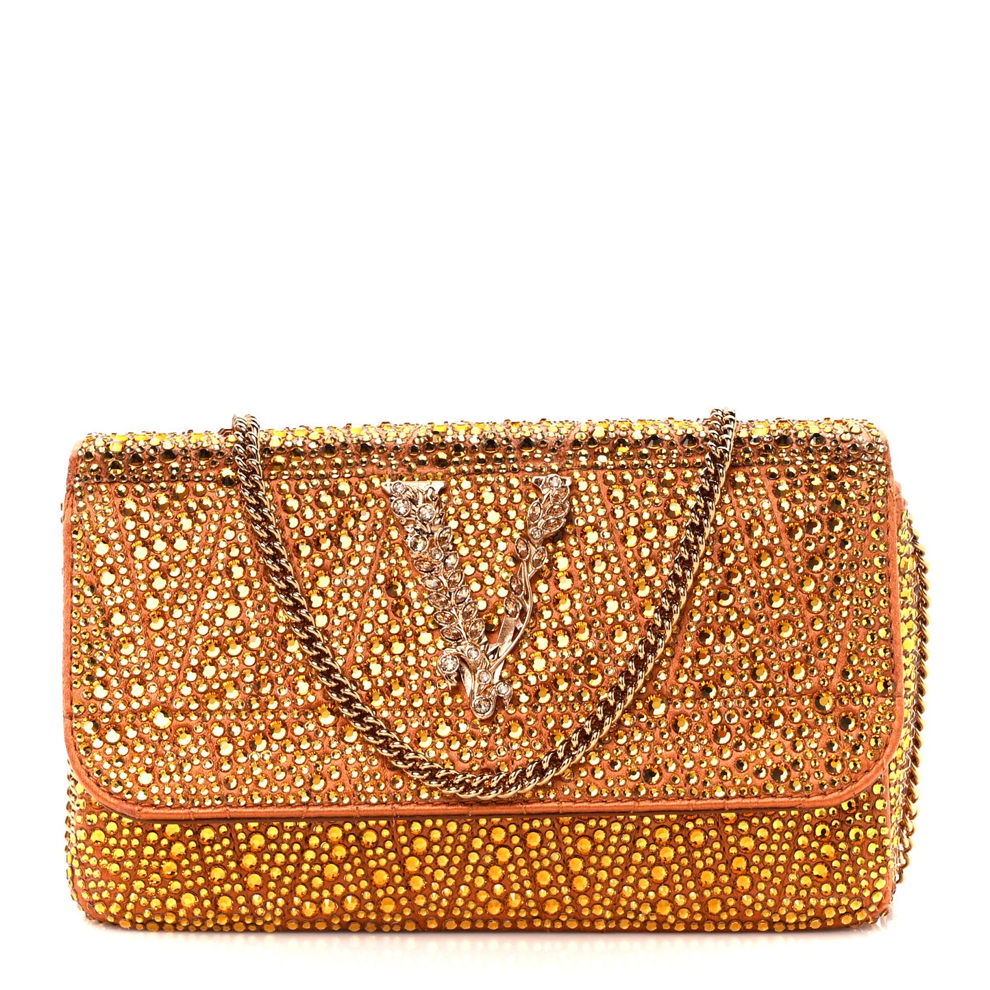 Satin Crystal Virtus Chain Clutch Orange