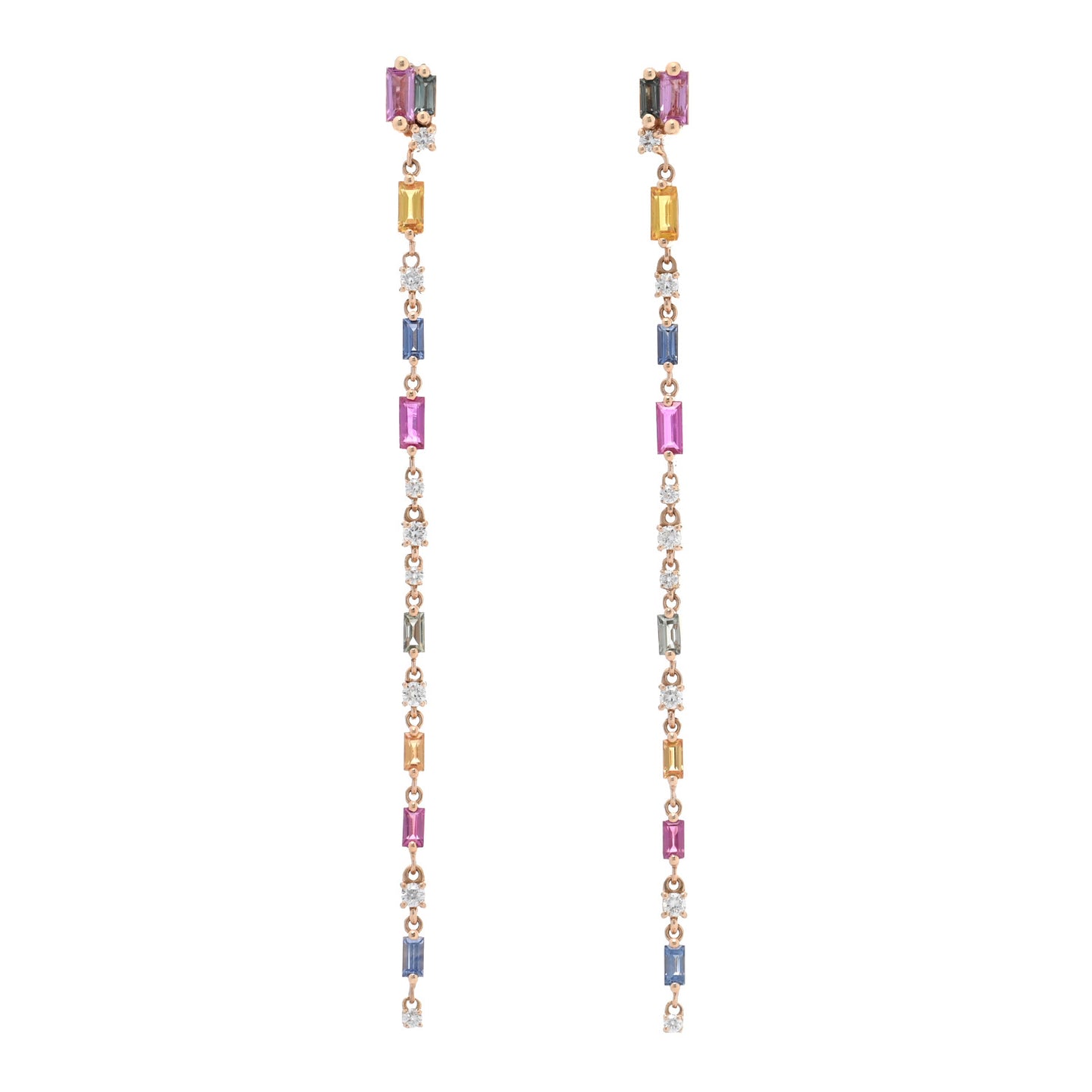 18K Rose Gold Diamond Sapphire Fireworks Rainbow Linear Drop Earrings