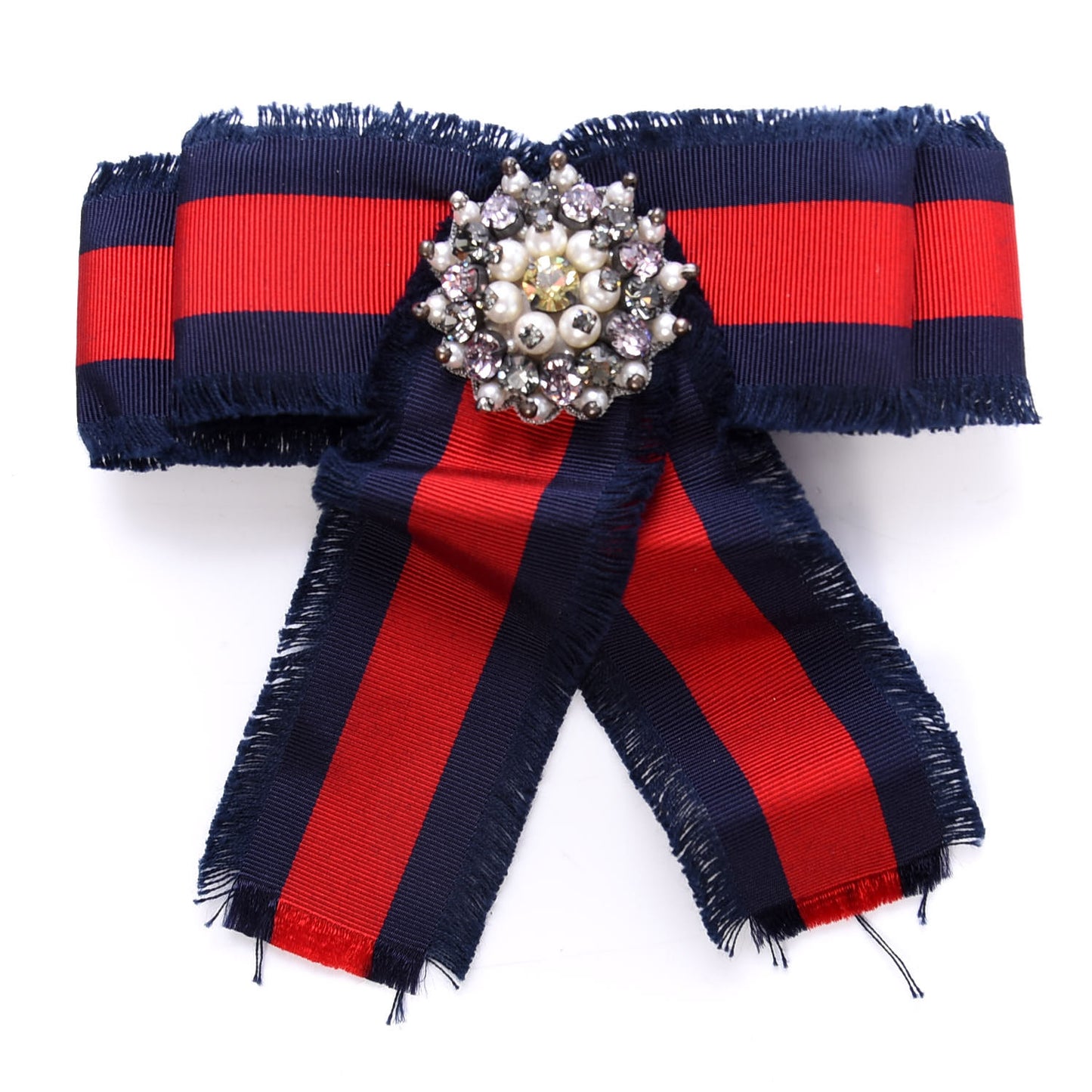 Grosgrain Web Crystal Bow Brooch Blue Red