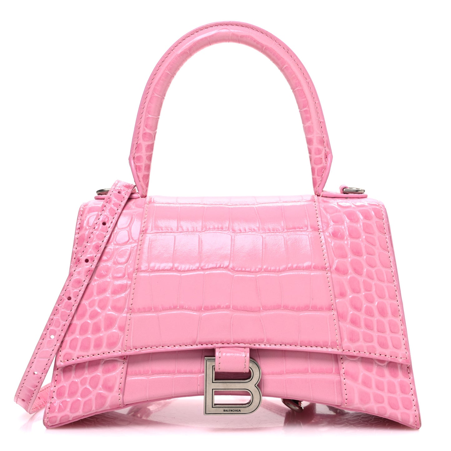 Shiny Calfskin Crocodile Embossed Small Hourglass Top Handle Bag Candy Pink