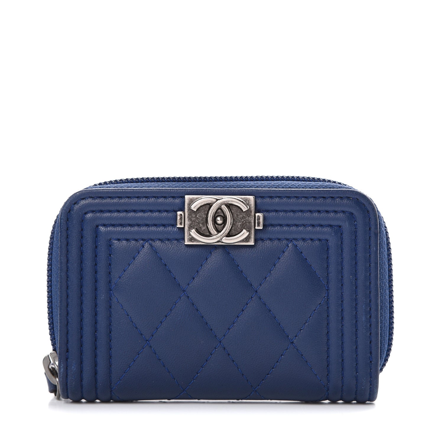 Lambskin Quilted Boy Zip Around Coin Purse Wallet Blue