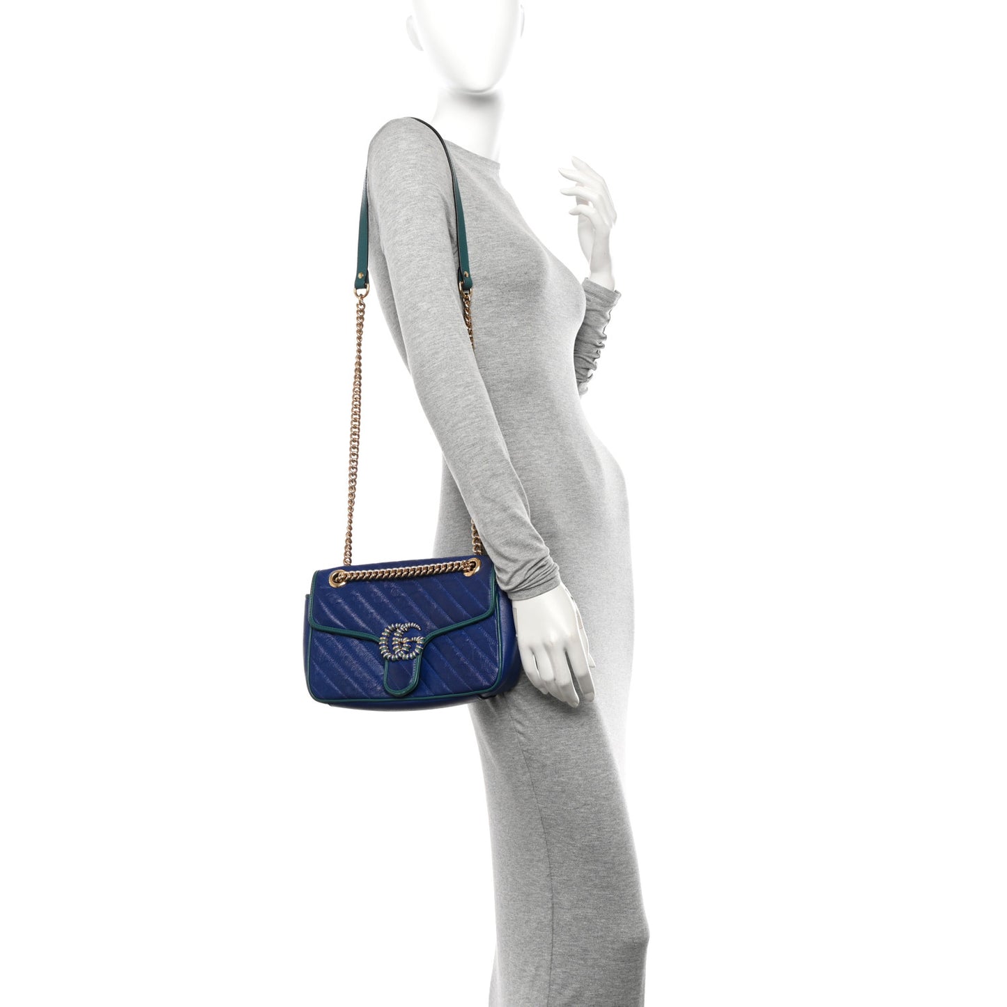 Azalea Calfskin Enamel Matelasse Diagonal Torchon GG Marmont Shoulder Bag Imperial Blue Pavone