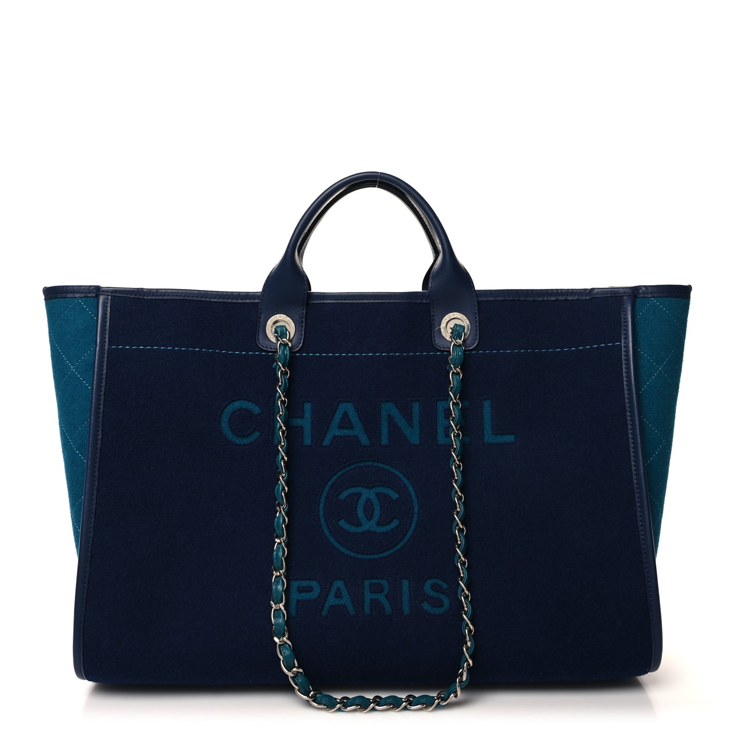 Wool Felt Calfskin Large Deauville Tote Blue Dark Blue