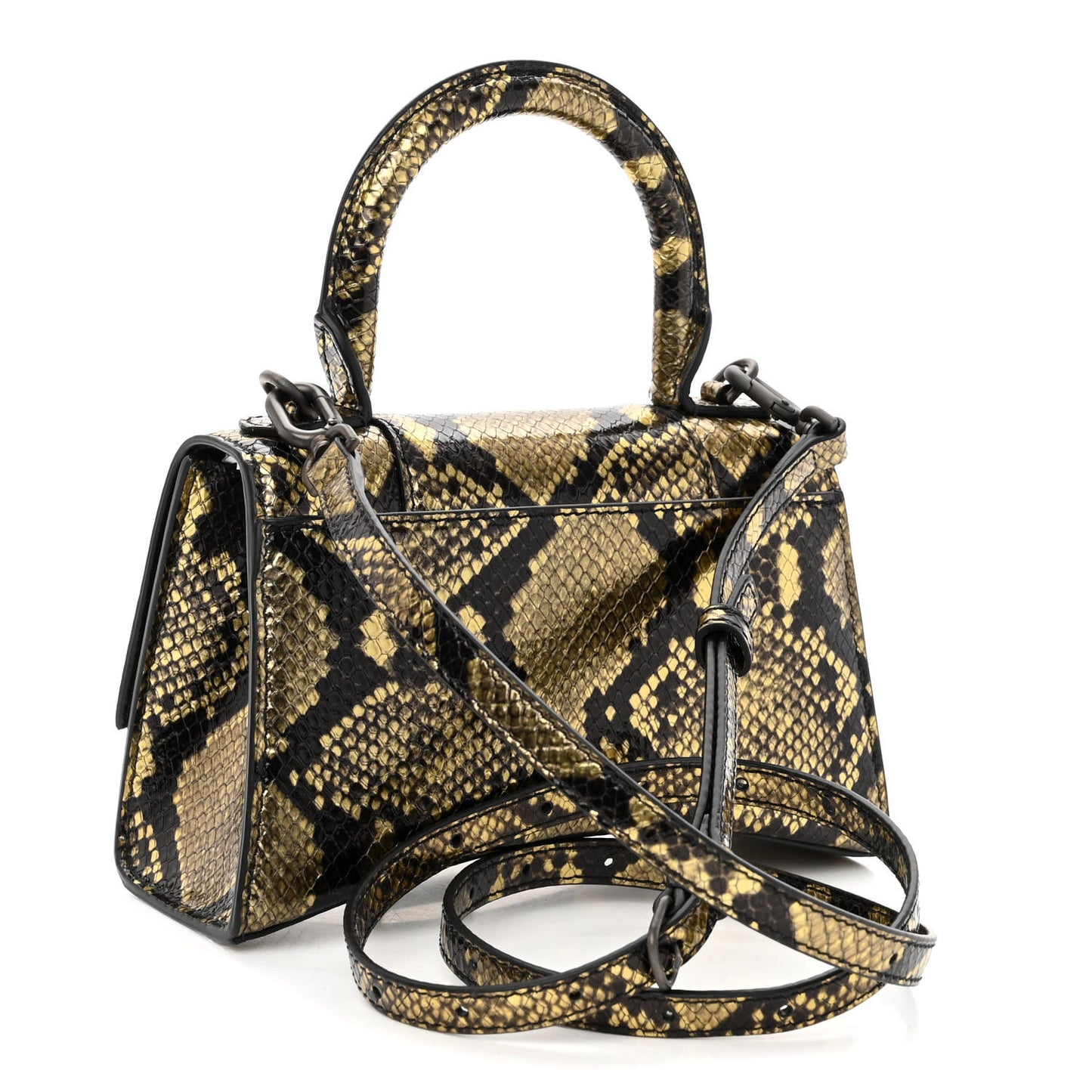 Shiny Calfskin Snakeskin Embossed Hourglass Top Handle Bag XS Gold Black