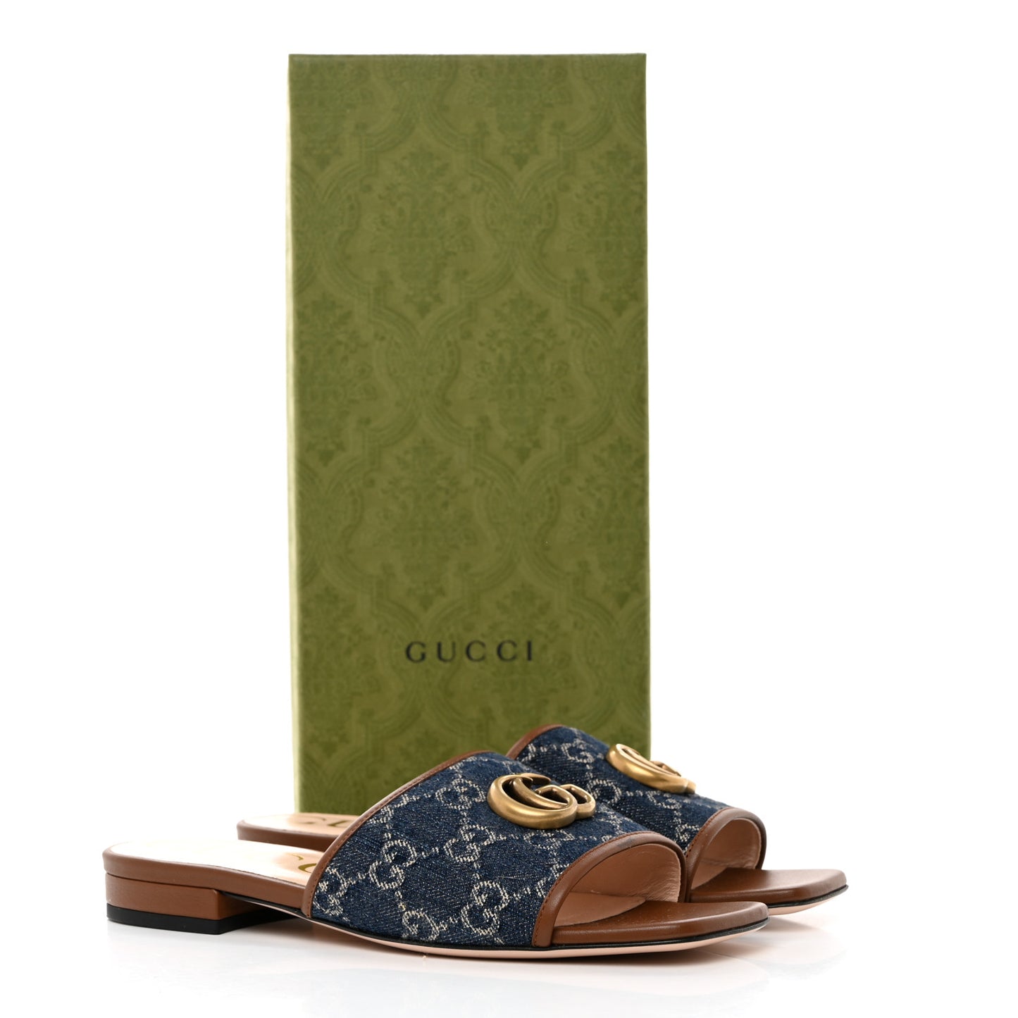 New Denim GG Monogram Miro Soft Calfskin Jolie Slide Sandals 37 Blue Tea Cuir Epilog
