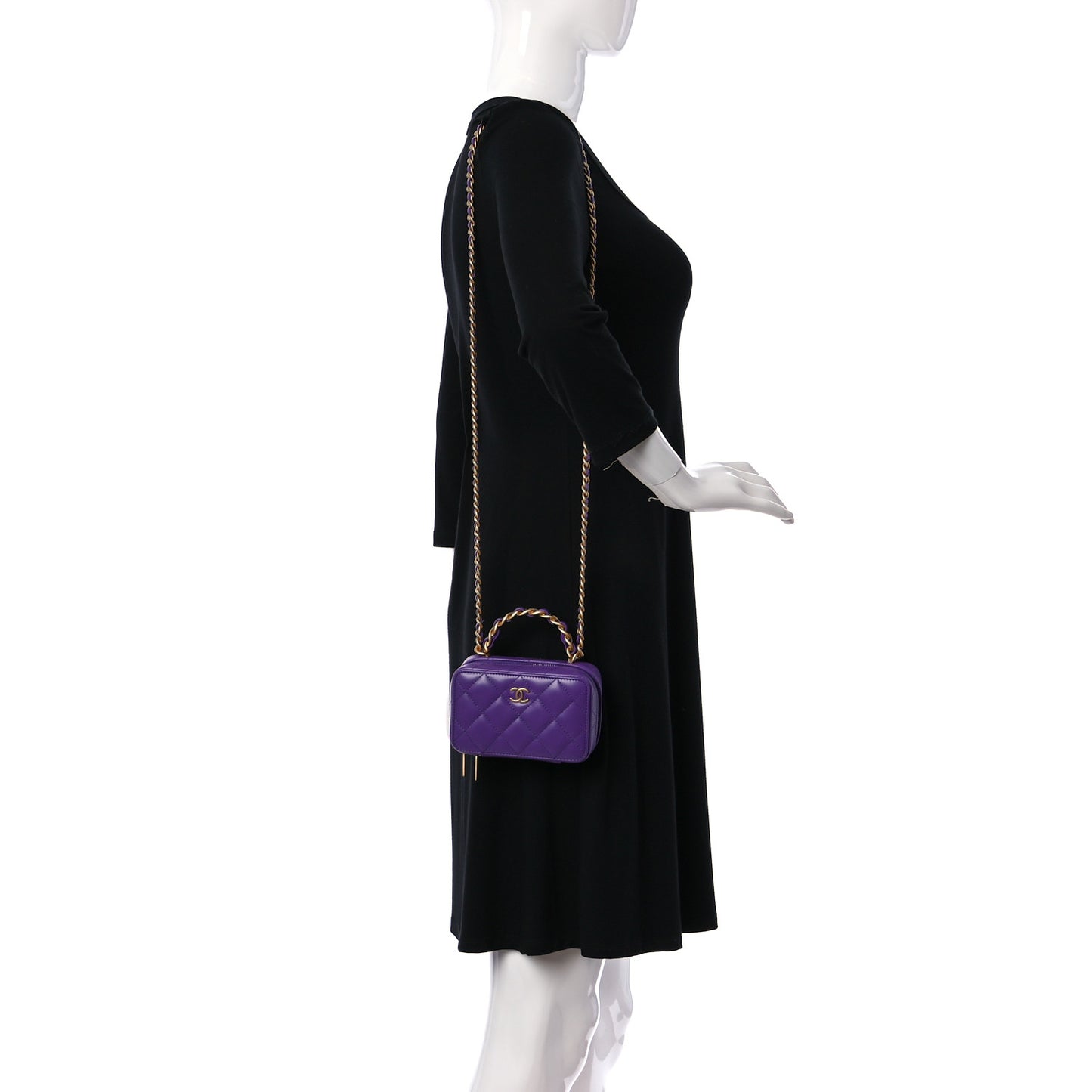 Lambskin Quilted Top Handle Mini Vanity Case Purple