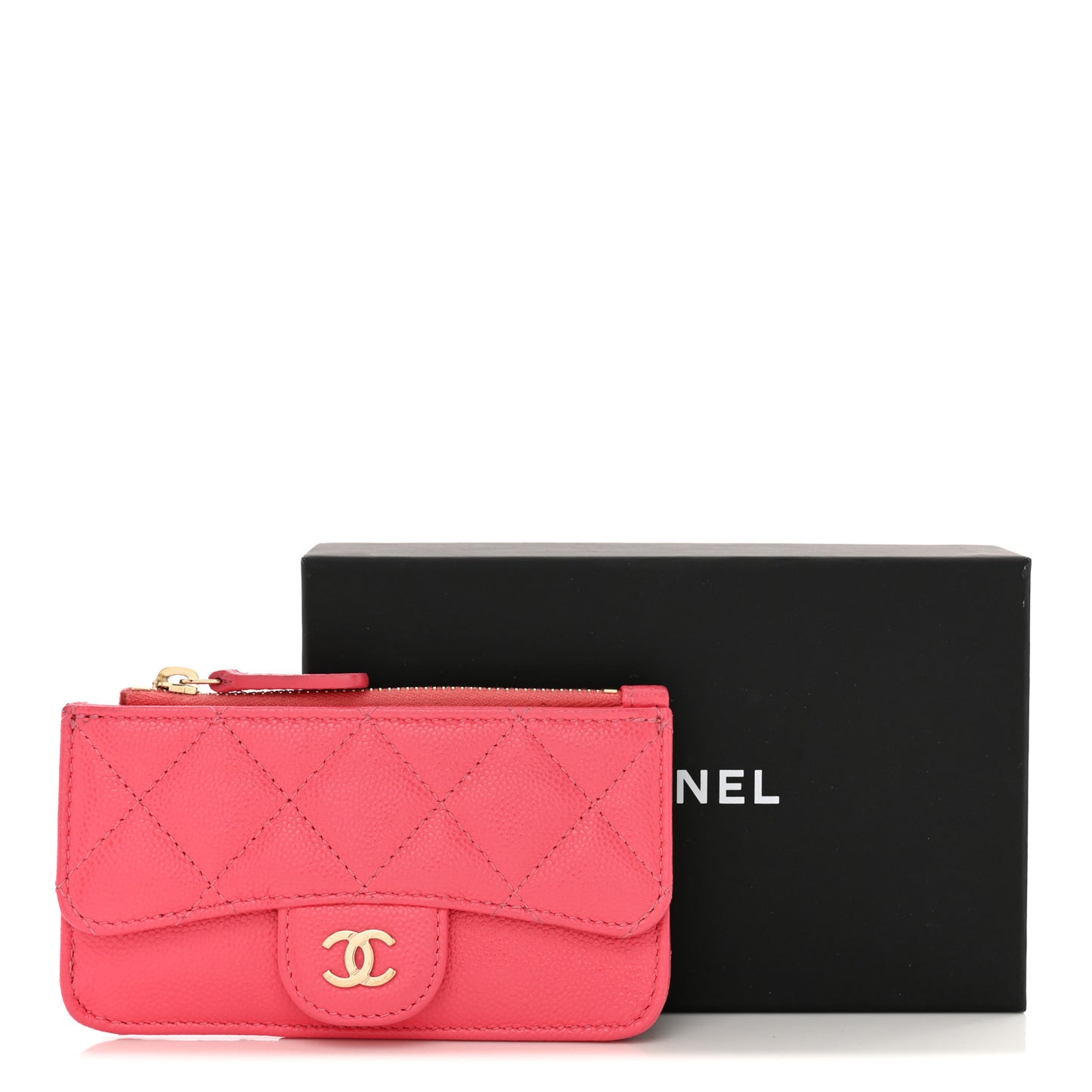 Caviar Quilted Flap Zip Card Holder Dark Pink