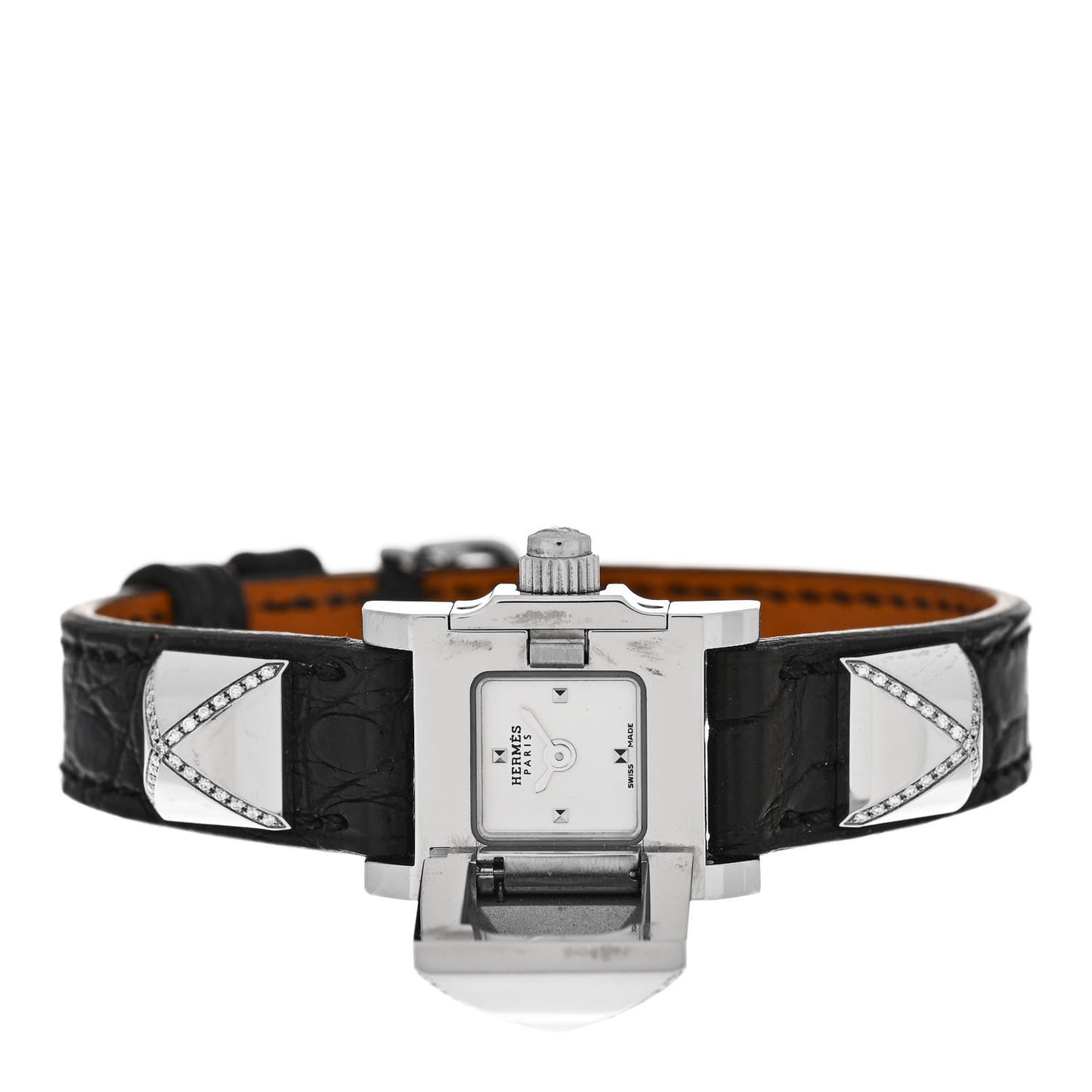 Stainless Steel Alligator Diamond 16mm Medor Quartz Watch Noir