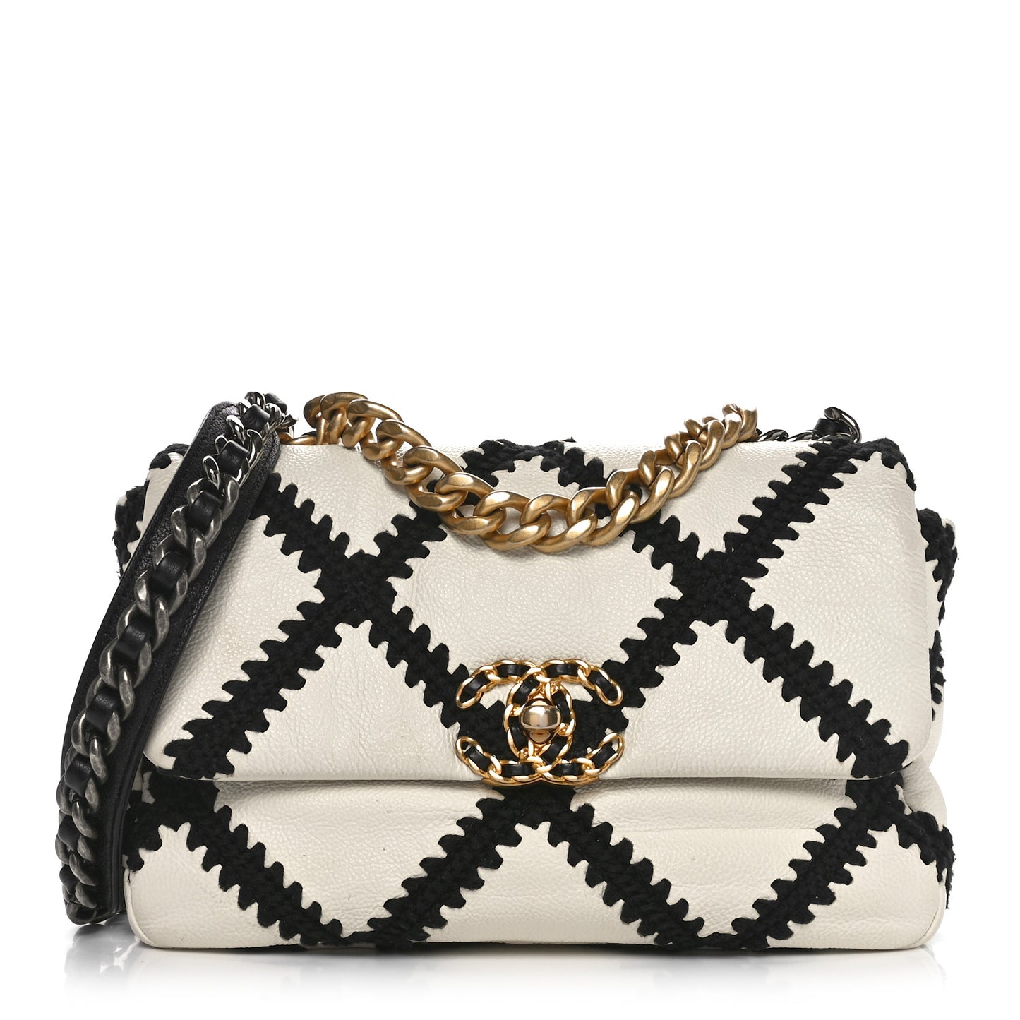 Calfskin Crochet Medium Chanel 19 Flap White Black