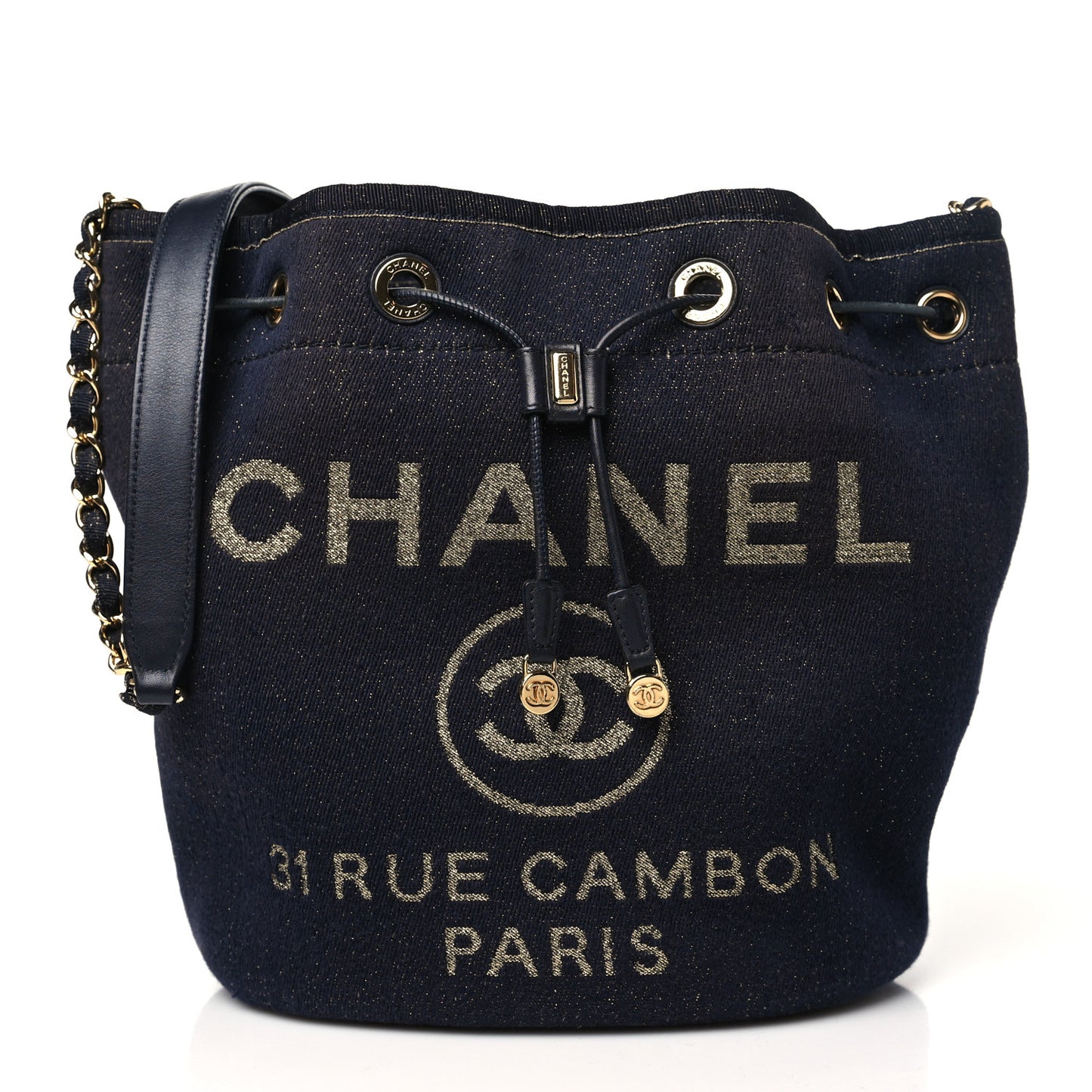Lurex Canvas Deauville Drawstring Bucket Bag Navy Blue Gold