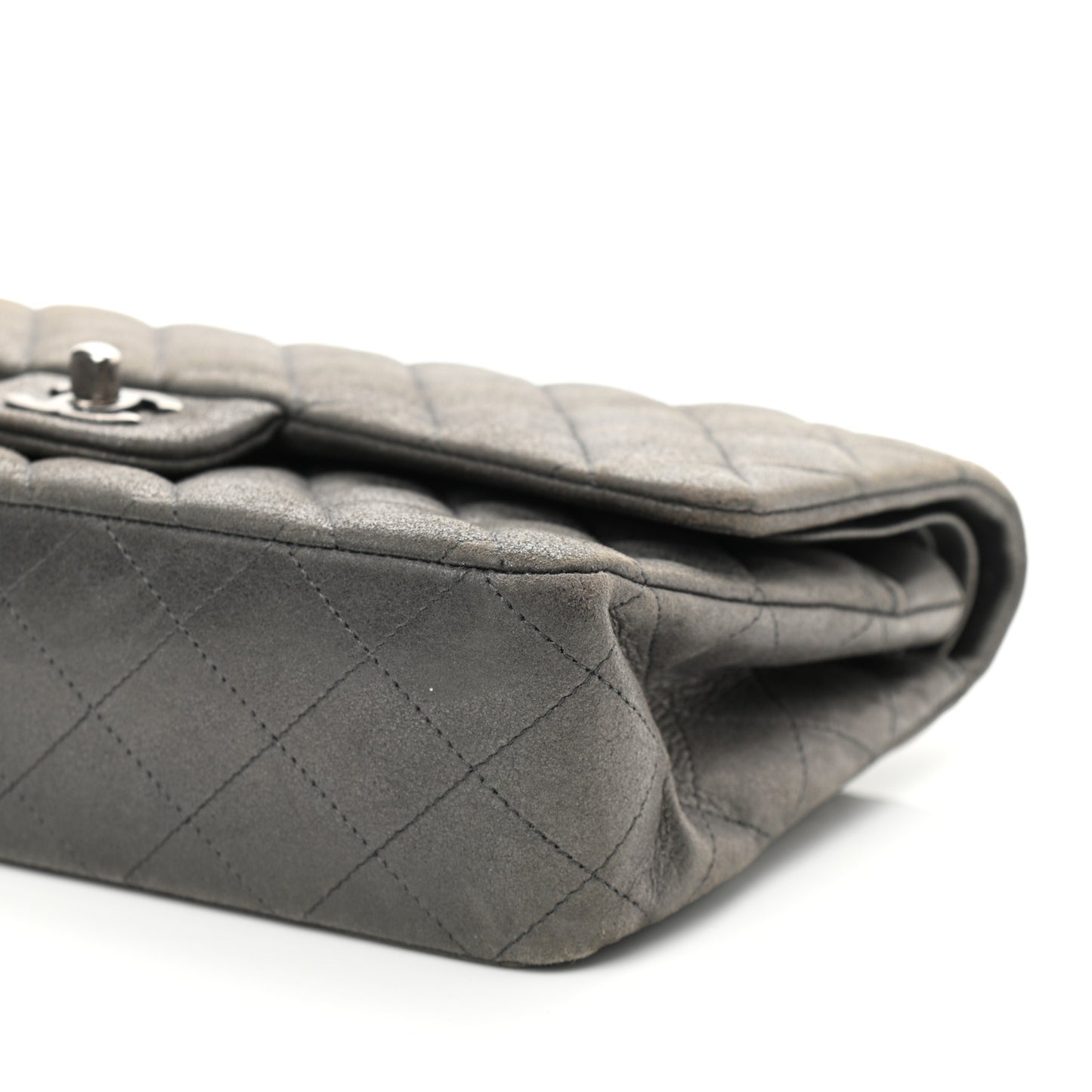 Metallic Lambskin Quilted Medium Double Flap Pewter