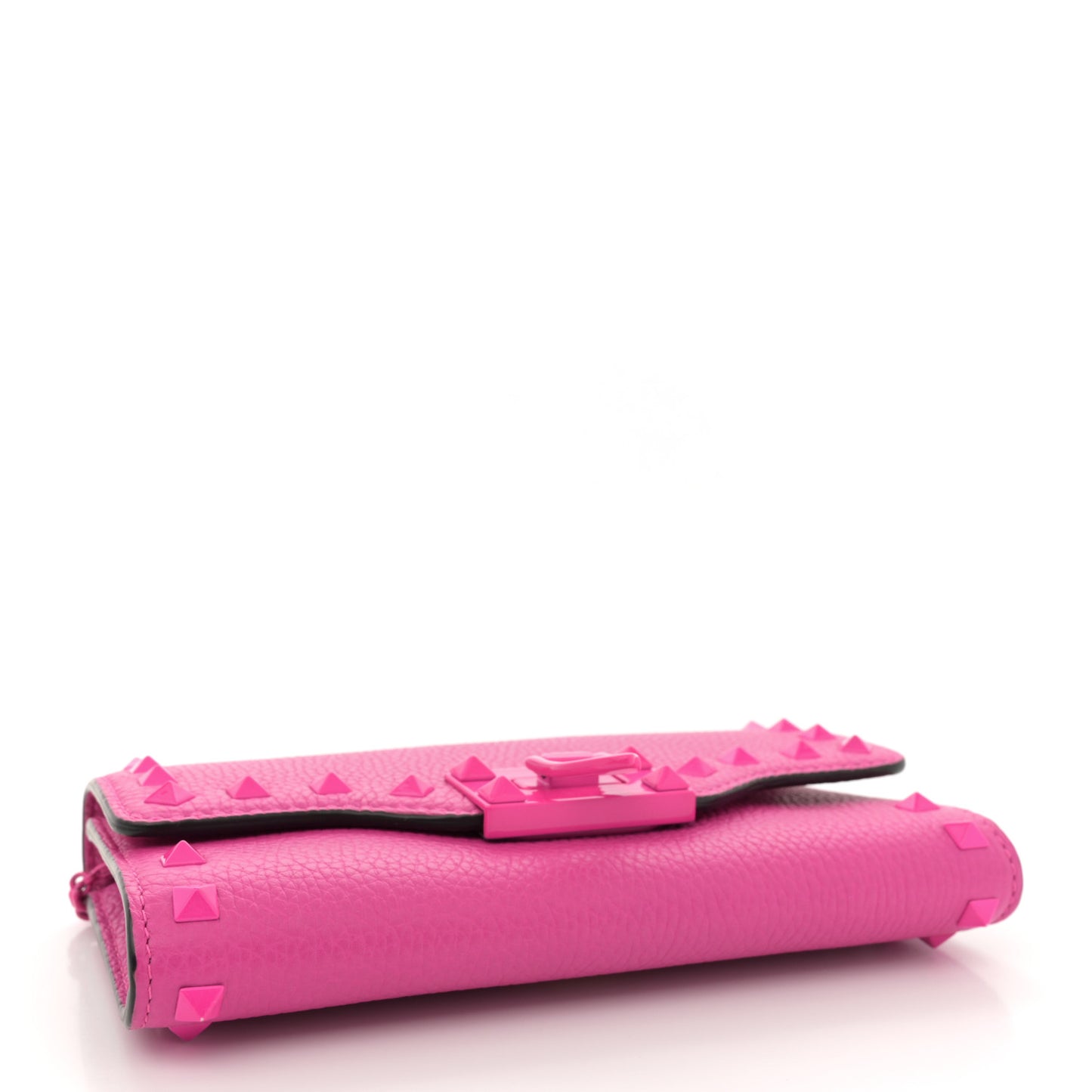 Pebbled Calfskin Enamel Monochrome Rockstud Flip Lock Flip Lock Wallet On Chain  Pink PP